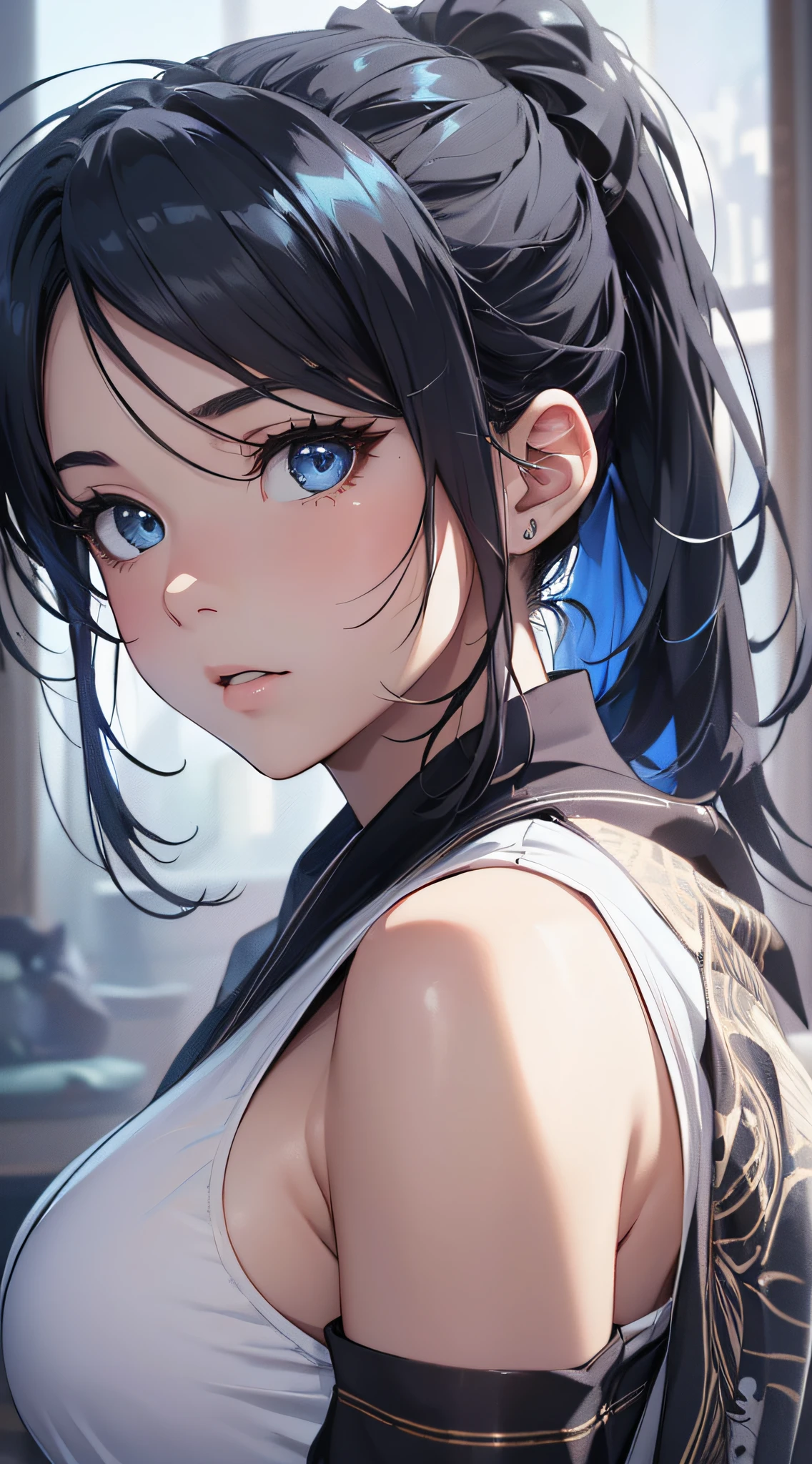 top-quality、Top image quality、masterpiece、girl with((cute little、18year old、Best Bust、Medium bust、Bust 85,Beautiful blue eyes、Breasts wide open,Ponytail with black hair、A slender、Blue hair mesh、black bandana、Red Sports Bra、white robes、fighting poses))hiquality、Beautiful Art、Background with((Large White Room、White lighting)),masutepiece、Elaborate design、visualart、depth of fields、The best lighting、highestdetailed、8k