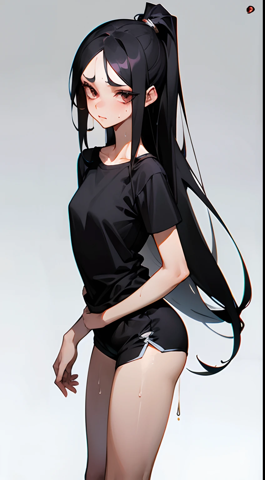 Girl with long thin black hair, light skin, High, Skinny, Beautiful elongated face, sharp facial features, little chest, Wearing black sweat shorts and a black t-shirt, white sneakers, Full-length