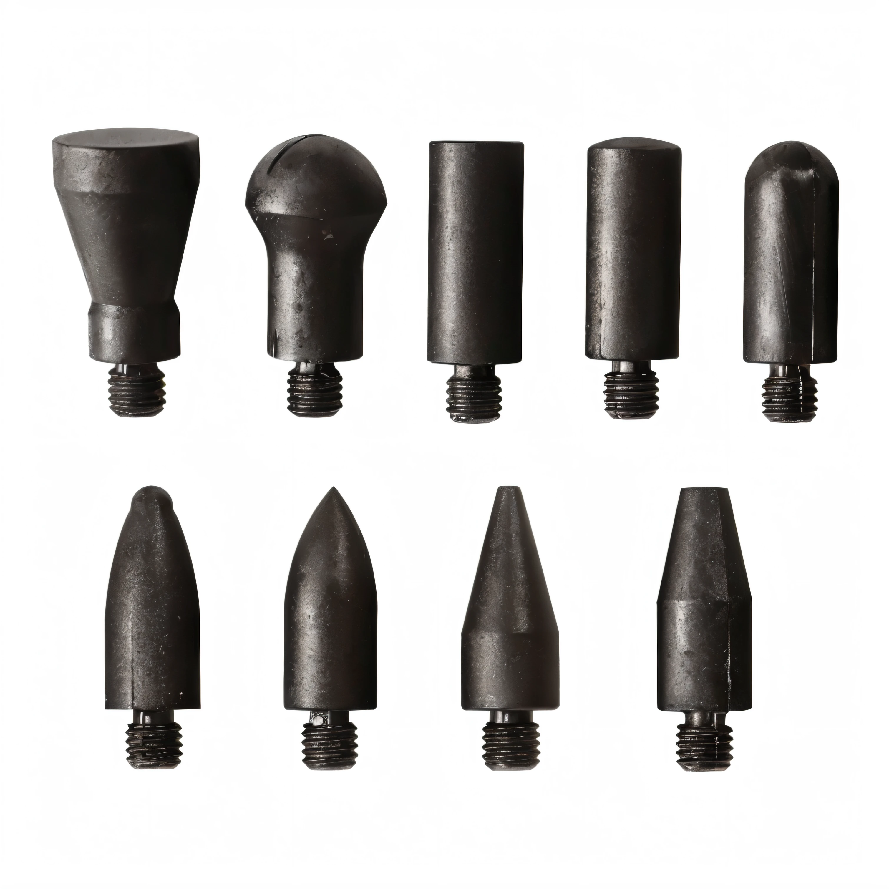 Close up of a bunch of black screws on white background, various sizes, monolithic granite spikes, bullets, steel studs, Screw, screws, different sizes, bolts, author：Peter de Seif, spare, Caseless ammunition, author：Jeffrey Smith, bolts, Mortar head, differ shapes and sizes, Bullet tracer, enhancer, detailed product photo