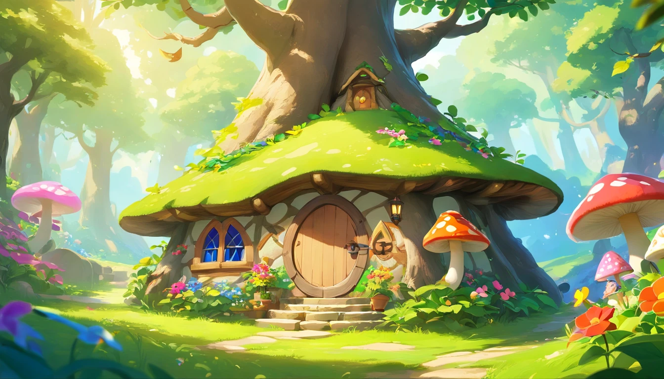 (Mysterious fantasy forest)，Hobbit Cottage, It is vividly depicted in the work (Best quality, 8K, Advanced resolution, Masterpiece: 1.2), With ultra-detailed detail (1.4x realism, Photorealistic: 1.37). This fantasy forest is made up of bright colors，bathed in the warm glow of the sun, Create a cheerful and whimsical atmosphere. The house has been designed with great attention to detail, With a complex design and unique architecture, Similar to a mushroom-shaped house。 (This fantasy forest is surrounded by lush greenery and colorful flowers), Elevate a captivating and magical environment。 The artwork showcases an illustrative style, Inspired by children's book illustrations, Ensures a glamorous and nostalgic touch. The color palette consists of vibrant rainbow colors, Seven colors，Evoke feelings of joy and playfulness. Lighting accentuates the picturesque scene, Soft and warm shadows are created that add depth and warmth to the artwork. Every detail is impeccablely presented, creating a visually stunning masterpiece，Capture the essence of the hobbit town of the Fantasy Forest.