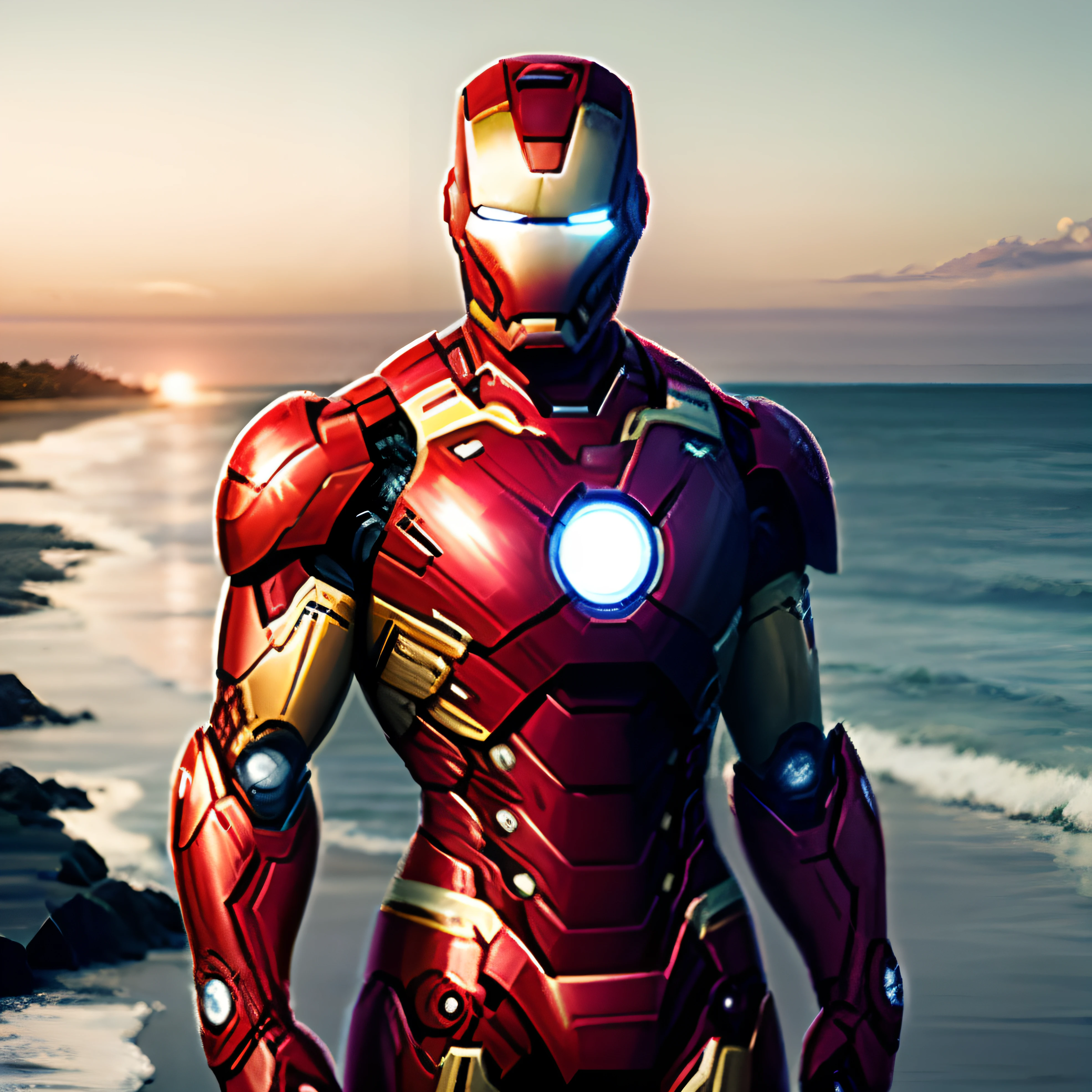 Iron Man wearing a Carhart hat by the sea