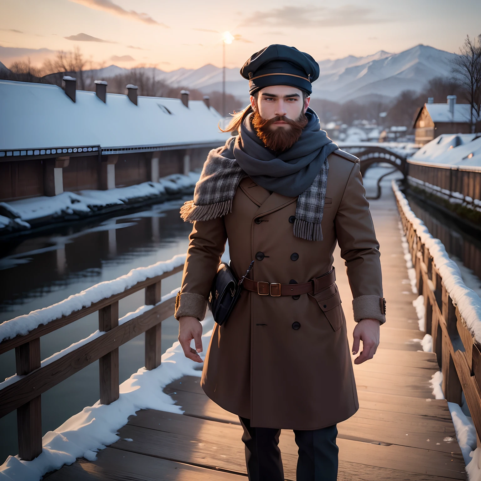 A handsome boy medium beard, wearing winter dress, standing on a bridge,no mustache ,smile on face ,cap on head, muffler on neck, muffler is flying with air