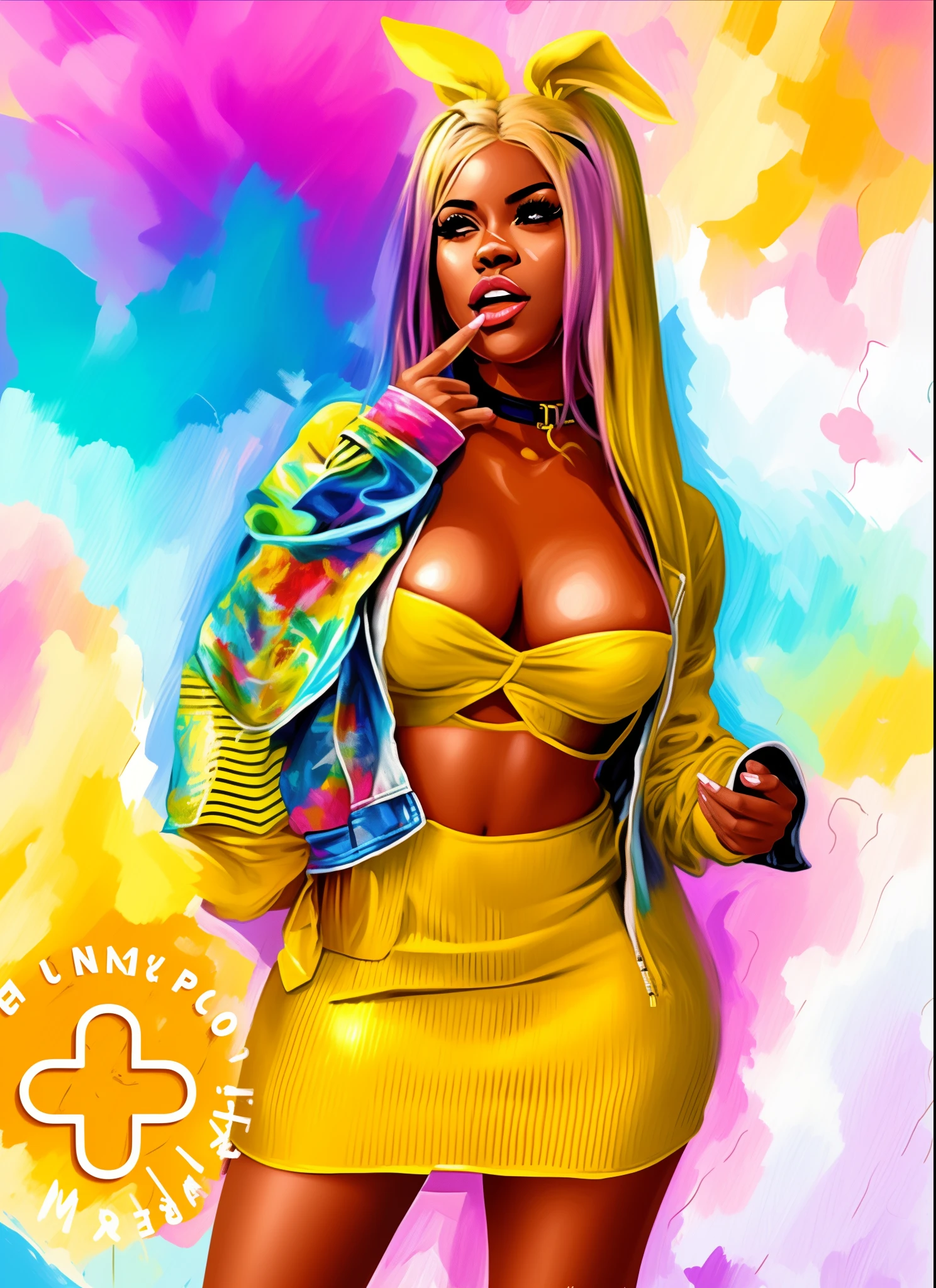 pintura de uma mulher em um vestido amarelo com uma jaqueta em, Lola Bunny Fanart, pintura digital vibrante, vibrant fan art, em um canva amarelo, imagem de arte digital, in illustration style digital, arte digital. @mariomaniacdude, pintura digital colorida, colored album art, em estilo de pintura digital, padroeiro do 🛸🌈👩🏾