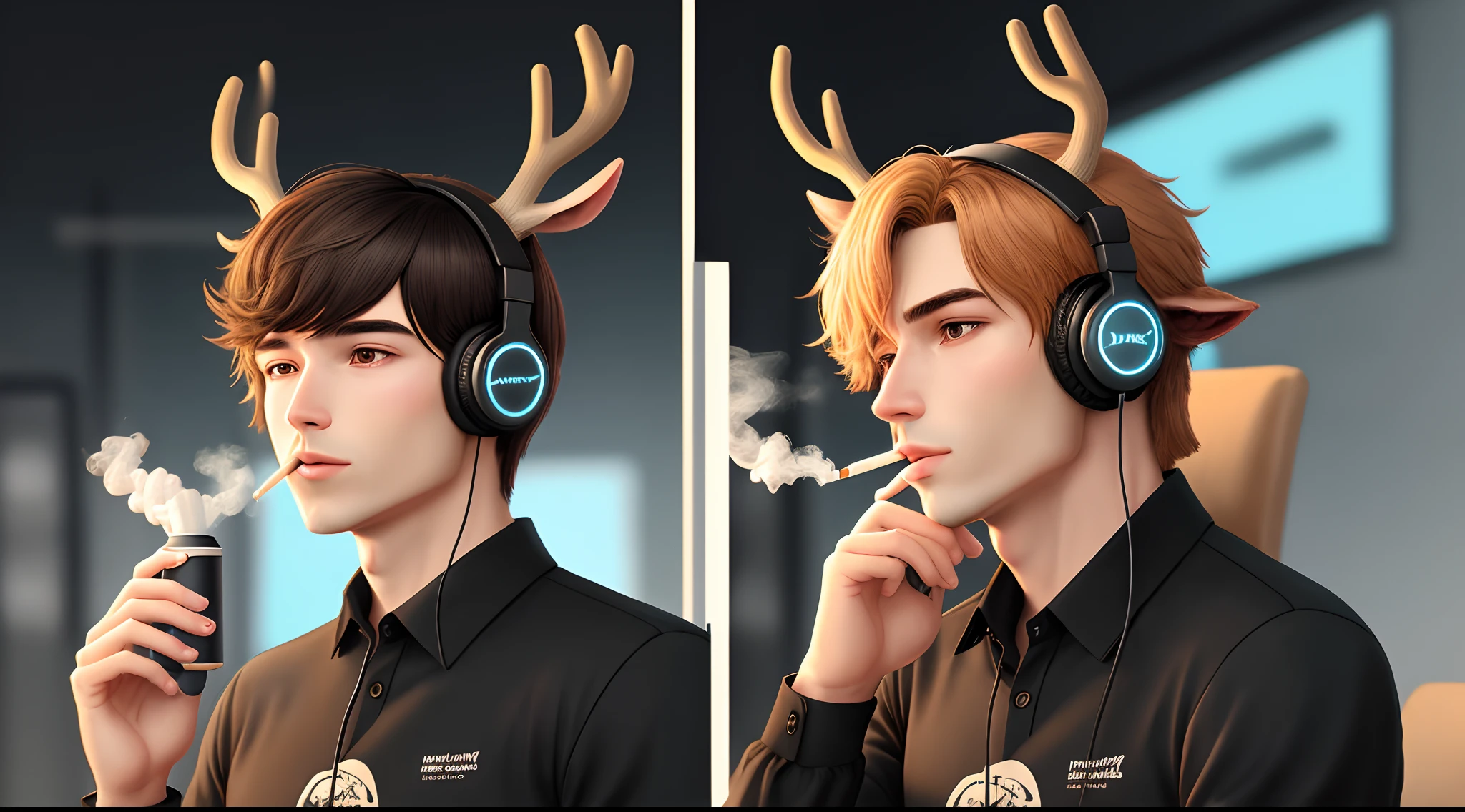 Deer Anthropomorphic Man Black Shirt Cigarette Headphones