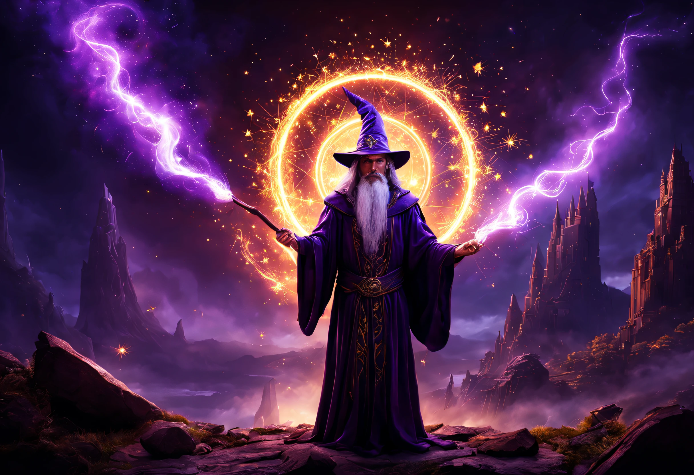 an arcane wizard,(best quality,4k,8k,highres,masterpiece:1.2),spellcasting with detailed hand gestures,glowing purple magical energy,sorcerer in a dark and mysterious tower,creating intricate and complex magic spells,ancient and mystical grimoire,elaborate enchanted robes,crackling lightning bolts and swirling vortexes of power,mystical aura surrounding the wizard,casting a powerful spell with intense concentration,illuminated by the flickering flames of a candle,casting magical illusions in a hazy and ethereal atmosphere,with a backdrop of shimmering stars and a glowing moon,emitting a radiant glow from his staff,controlling the elements with precise control and finesse,creating a powerful and awe-inspiring display of arcane power,featuring intricate and detailed magical symbols and runes,unleashing a dazzling display of arcane fireworks and explosions,transporting the viewer to a world of magic and wonder,with a sense of ancient wisdom and mysticism.