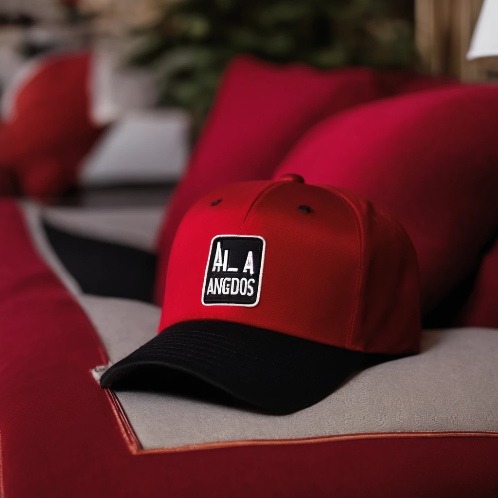 Close-up of baseball cap with sticker on sofa, Red hat with capital letters LA, a red hat, Maroon hat, los angelos, Red back cover, Red Hat, Side cover, baseball cap, front top side view, Product photo, side front view, small hat, los angelos, wearing a red backwards cap, los angeles ca