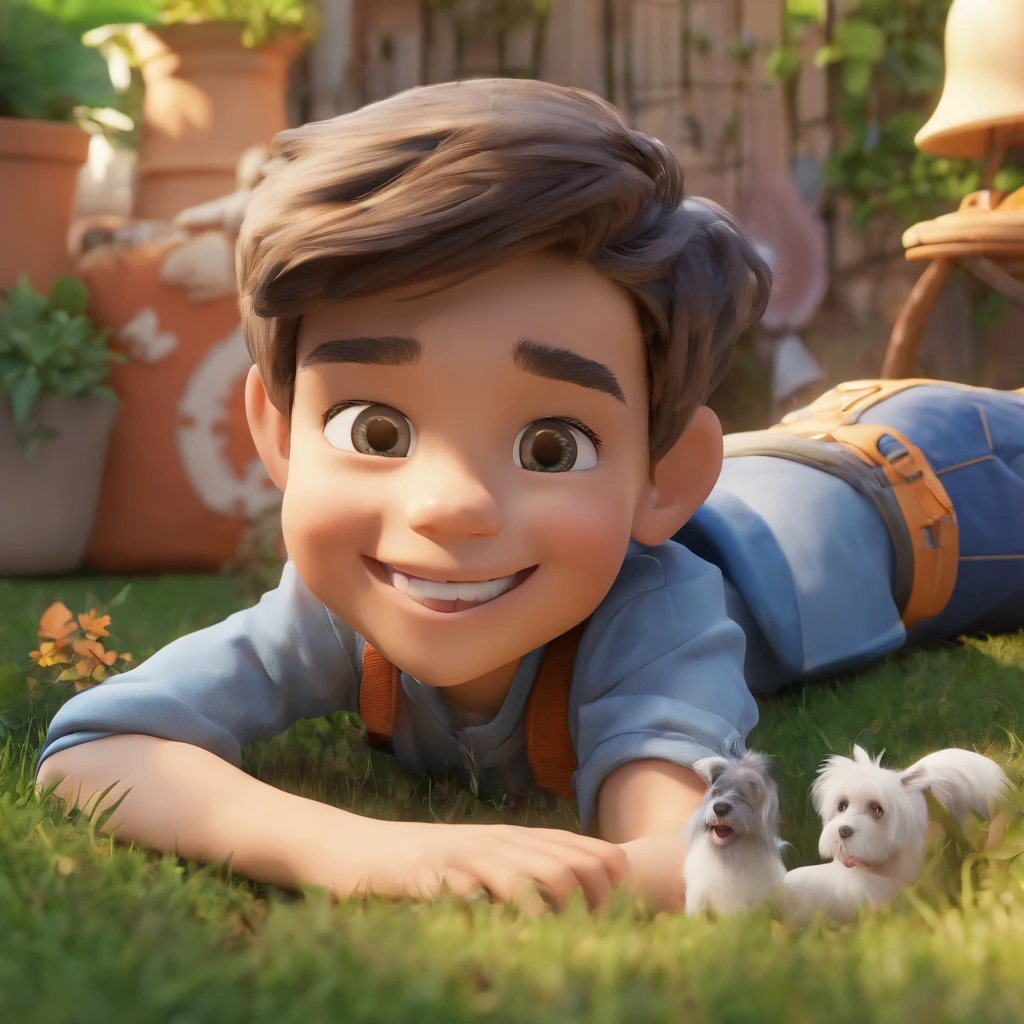 Lucas is a smiling 5-year-old human boy, With your loyal friends, bolt, Schnauzer Dog, lying in the garden