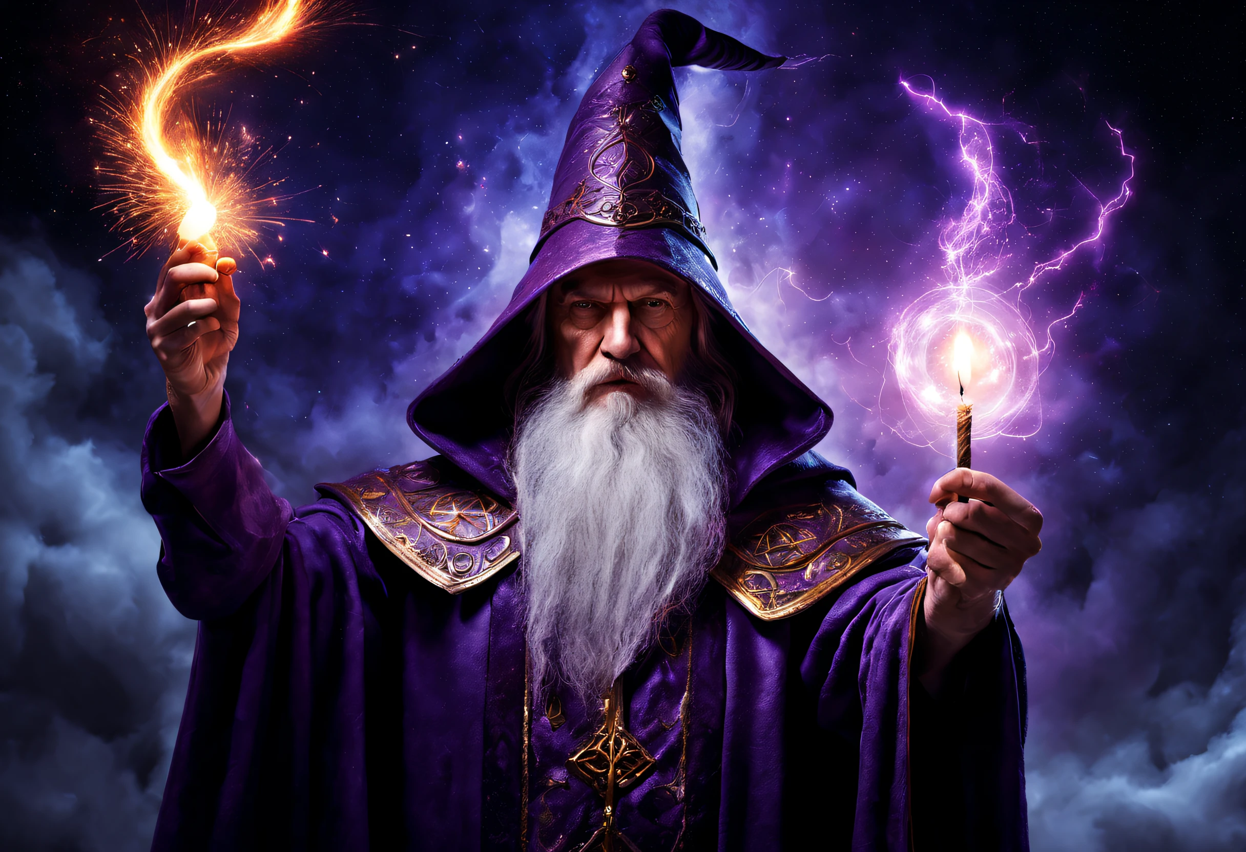 an arcane wizard,(best quality,4k,8k,highres,masterpiece:1.2),spellcasting with detailed hand gestures,glowing purple magical energy,sorcerer in a dark and mysterious tower,creating intricate and complex magic spells,ancient and mystical grimoire,elaborate enchanted robes,crackling lightning bolts and swirling vortexes of power,mystical aura surrounding the wizard,casting a powerful spell with intense concentration,illuminated by the flickering flames of a candle,casting magical illusions in a hazy and ethereal atmosphere,with a backdrop of shimmering stars and a glowing moon,emitting a radiant glow from his staff,controlling the elements with precise control and finesse,creating a powerful and awe-inspiring display of arcane power,featuring intricate and detailed magical symbols and runes,unleashing a dazzling display of arcane fireworks and explosions,transporting the viewer to a world of magic and wonder,with a sense of ancient wisdom and mysticism.