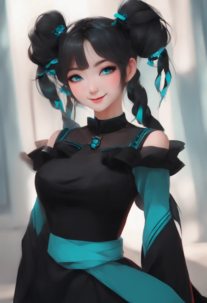 Close-up portrait of ((Solo 1 Girl)), ((Black twintails with turquoise accents)), big grin, Sideways gaze, Masterpiece, Red Eyes, (Simple general background), (One-side off-the-shoulder dress), head tilt, Vivid colors, Very long sleeves