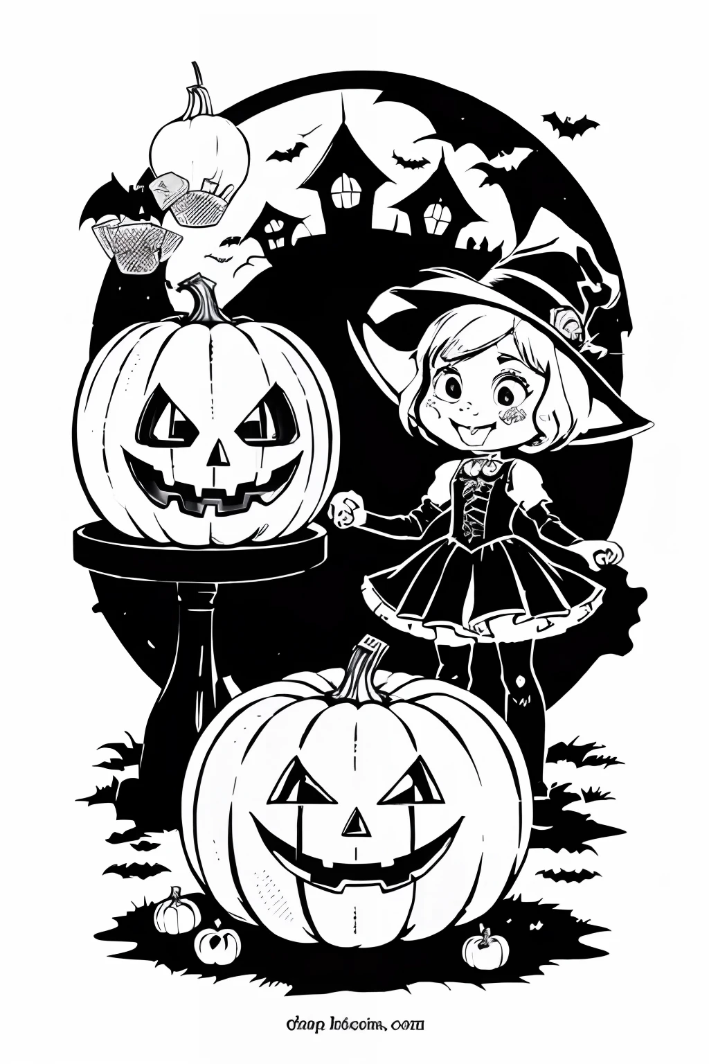 a coloring page with a cartoon character and a pumpkin, lineart inspired by Thomas Nast, reddit, happening, spooky halloween theme, line art colouring page, clean coloring book page, halloween theme, halloween art style, halloween celebration, coloring book page, halloween atmosphere, in a halloween style, halloween scene, colouring - in sheet, coloring book outline, spooky halloween night