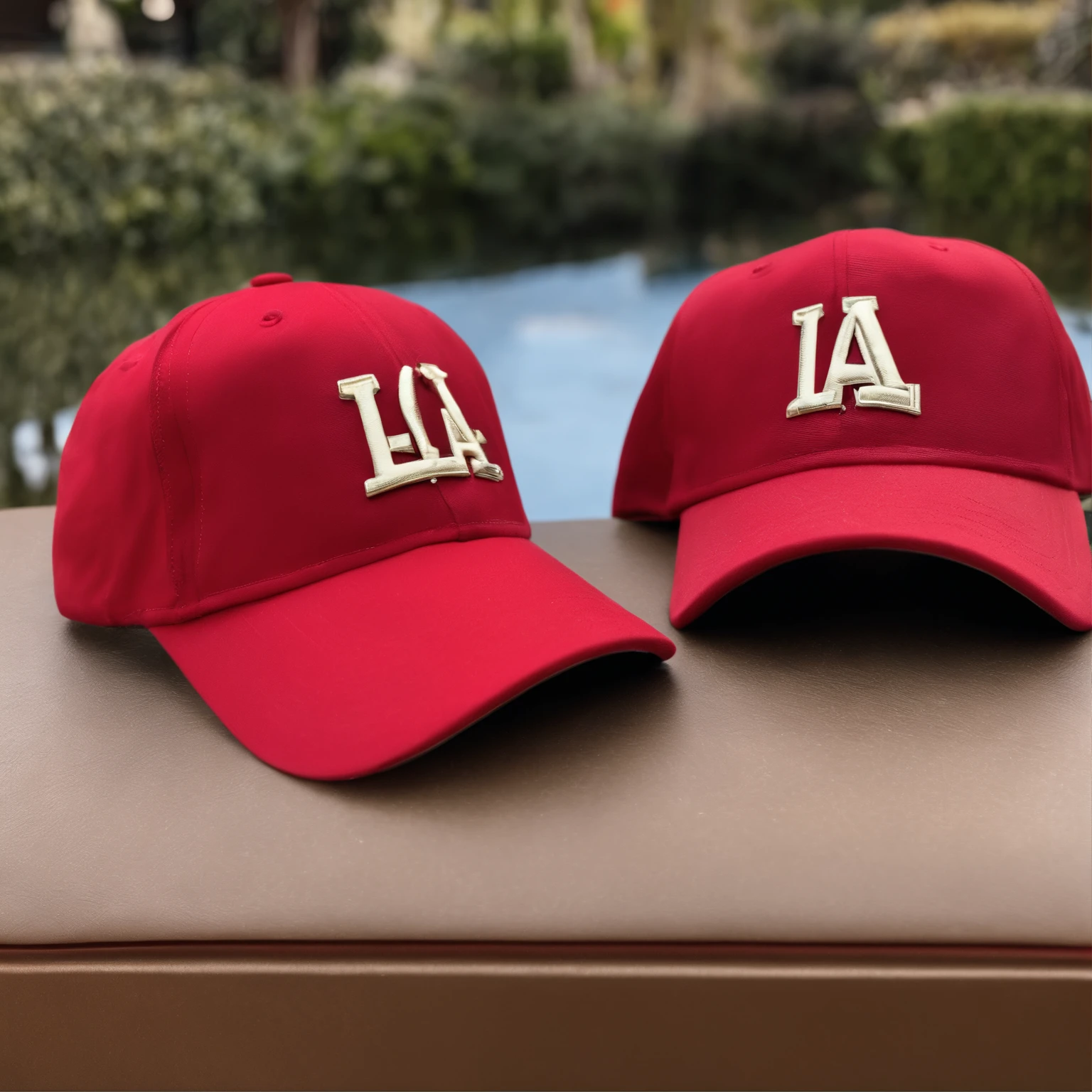 Close-up of baseball cap with sticker on sofa, Red hat with capital letters LA, a red hat, Maroon hat, los angelos, Red back cover, Red Hat, Side cover, baseball cap, front top side view, Product photo, side front view, small hat, los angelos, wearing a red backwards cap, los angeles ca