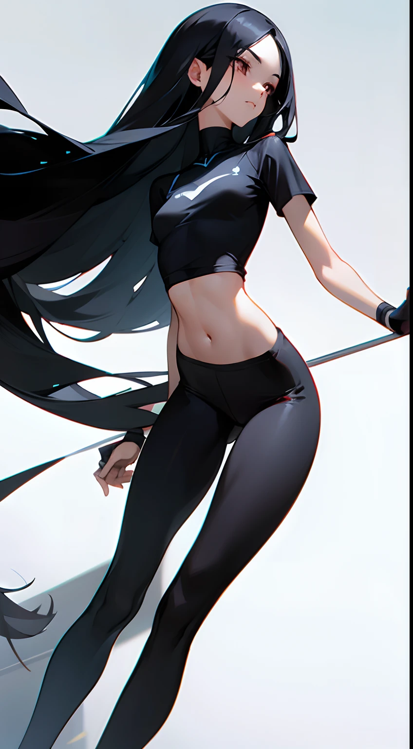 Girl with long thin black hair, light skin, High, Skinny, Beautiful elongated face, sharp facial features, little chest, In black sports leggings and a black t-shirt, white sneakers, Full-length