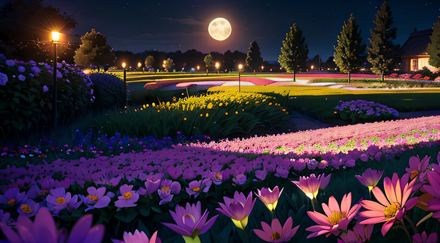 field, ((Neon flower garden)),a moon