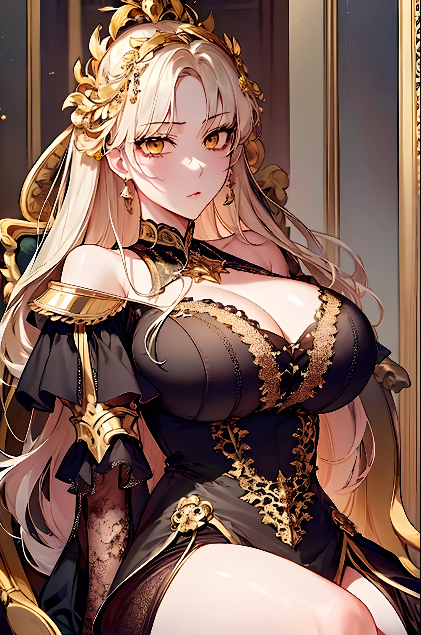 (masterpiece, best quality, extremely detailed:1.3) BREAK 1girl, Mythology Emperor, Mythology Armor, knight armor, wide hips, serious, shaded face, sitting, bare legs, thick thigh, gold throne, luxury palace, gold theme, (shoujo-style), (romance manhwa), Kuroume_1024