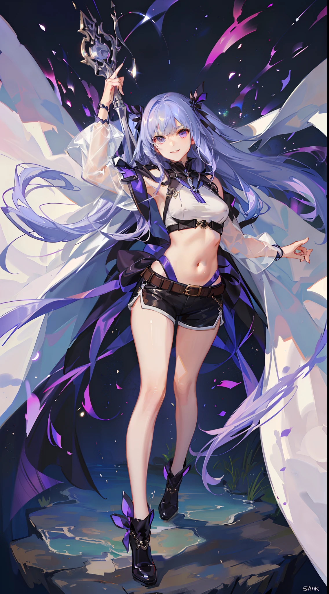 young girl, long purple hair, white tight top, cape, Shorts, open belly, ssmile, Masterpiece, hiquality, 4k, HD, Good detail