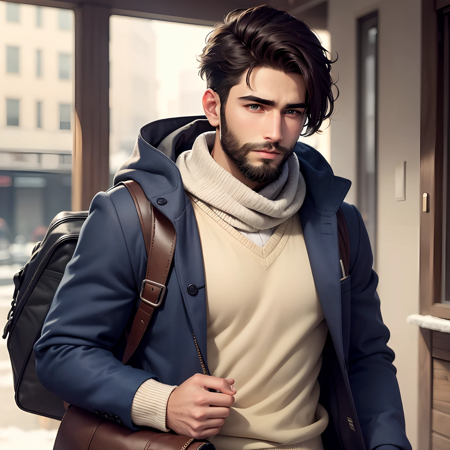 A handsome boy small beard, simple hair style, wearing pent shirt and winter jersey, muffler on neck, muffler is flying with air, a laptop bag on shoulder