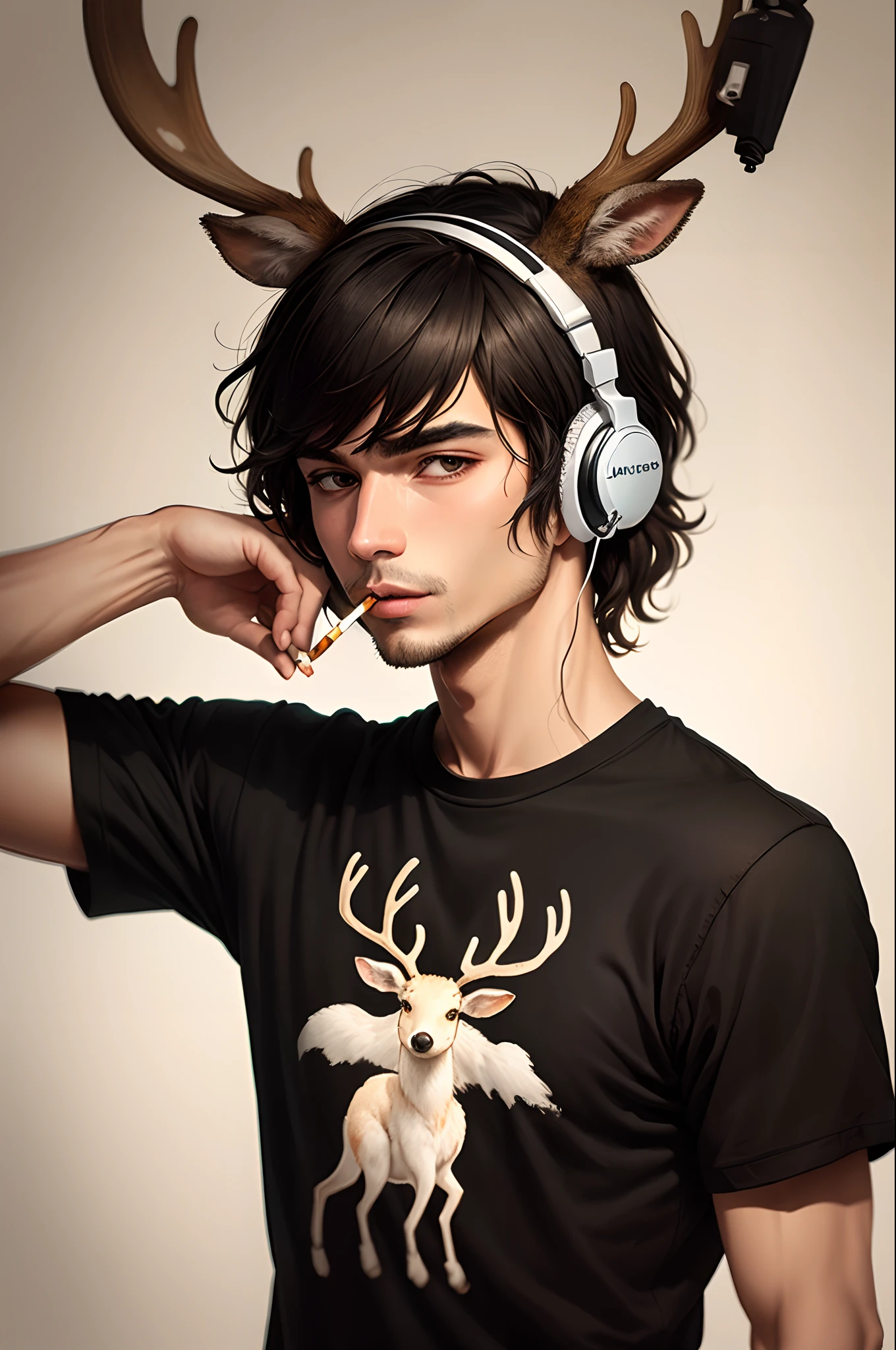 Deer Anthropomorphic Man Black Shirt Cigarette Headphones Ink Painting