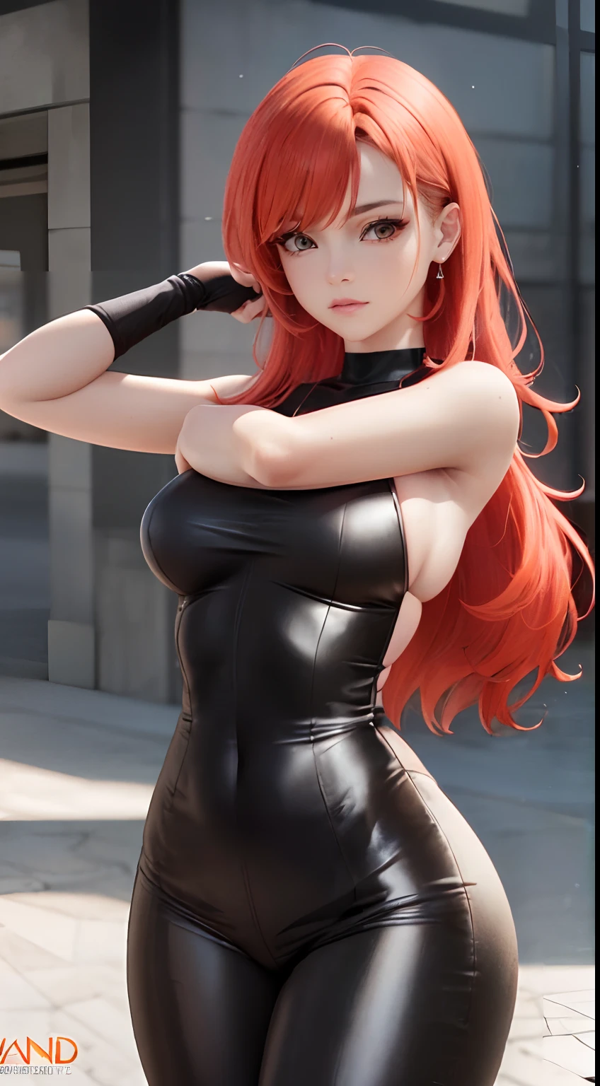 there is a woman with red hair and a black top posing, anya from spy x family, realistic shaded perfect body, leeloo outfit, character is in her natural pose, realistic anime 3 d style, thicc, she has long redorange hair, redhead girl, photorealistic anime girl render, she is redhead, perfectly shaded body, rendered in sfm