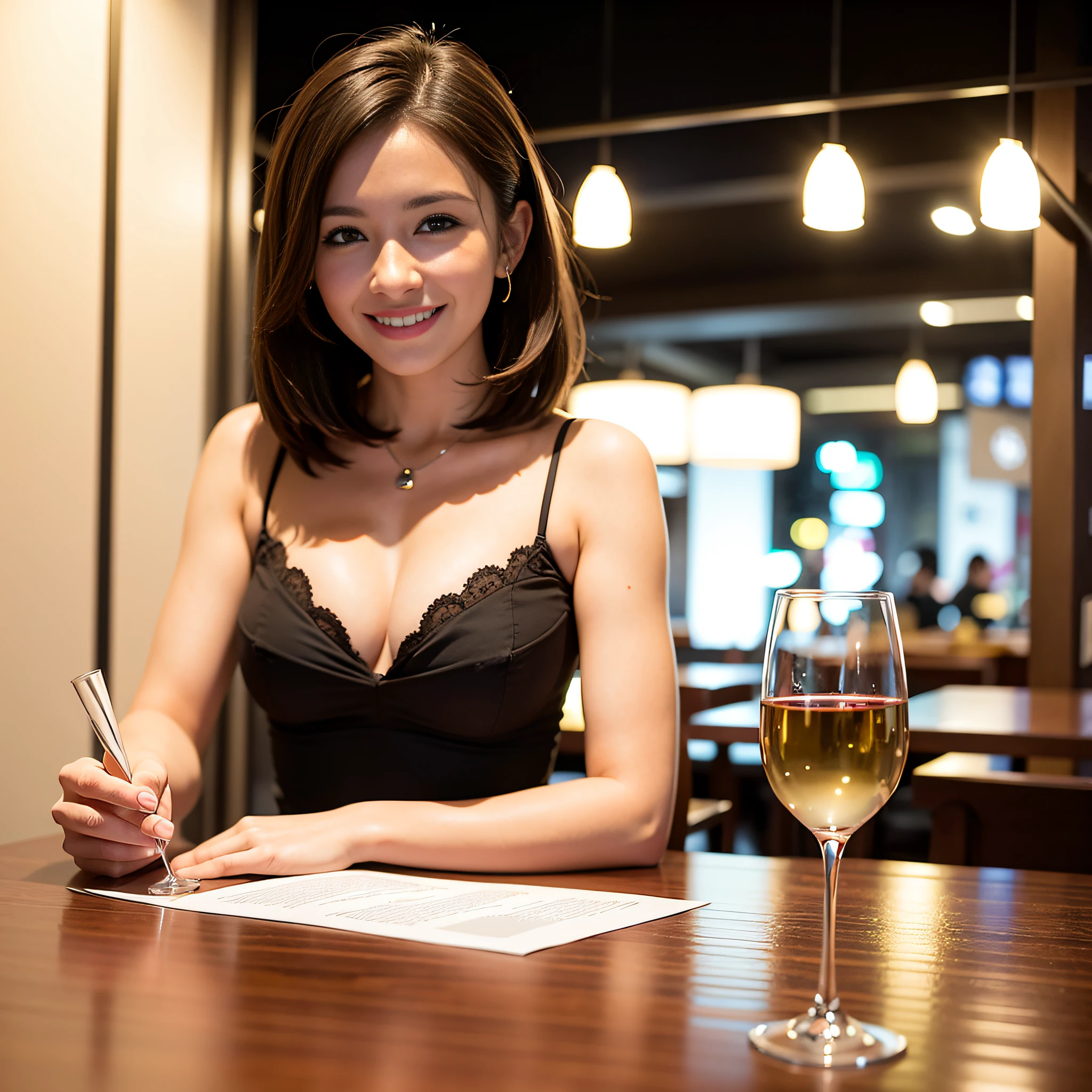 (64K, UHD, top quality, masterpiece: 1.2), (realistic, photorealistic: 1.37), super detailed, pretty woman 1 person, (slim face), (slim body), (brown hair), (short cut), cheeks slightly blushing, (44 years old), 38 years old, solo, beautiful detailed urban night view outside the window, restaurant, wine glasses sit, at night, in a prominent placeNovaFrogStyle, Actress, Model, Waist Up, White Wine, Slim, Wine Glass, Super Clean Night View, Wine Glass Put in the Middle, Happy Smile, (Smile: 1.15), Beautiful Fine Eyes, Upper Body, Bust Japan Up, Night, Short, Short, Actress, Model, Waist Up, White Wine, Slim, Wine Glass, Super Clean Night View, Wine Glass Put in the Middle, Happy Smile,