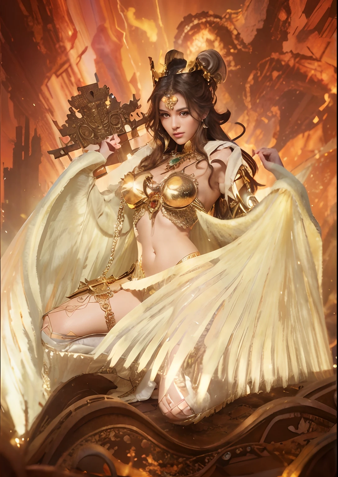 (​masterpiece、top-quality、top-quality、Official art、Beautifully Aesthetic:1.2)、(1girl in)、ighly detailed、(Fractal Art:1.3)、colourfull、highestdetailed　Golden Nine Tail Fox　Golden background　Soft smile　breasts are large　Soft expression　A smile　Facing straight ahead　The body is also front