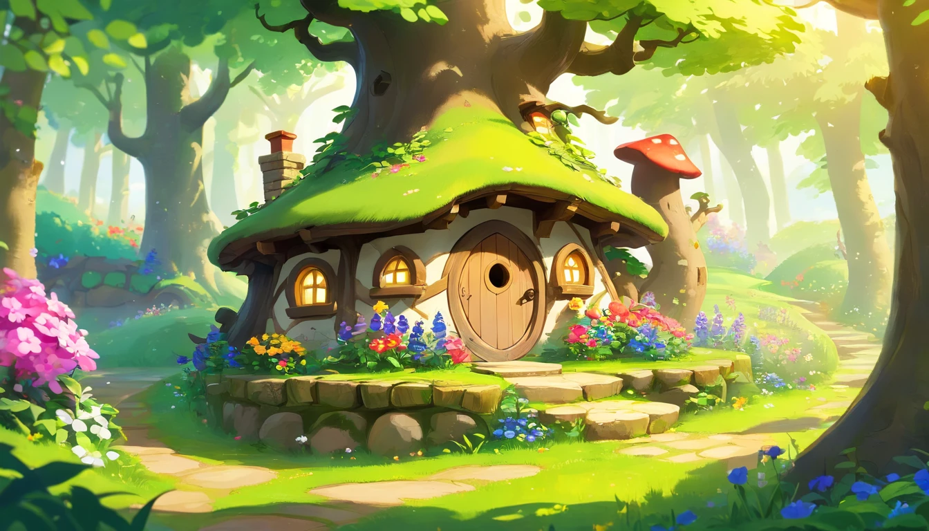 (Mysterious fantasy forest),Hobbit Cottage, It is vividly depicted in the work (Best quality, 8K, Advanced resolution, Masterpiece: 1.2), With ultra-detailed detail (1.4x realism, Photorealistic: 1.37). This dream forest is made up of bright colors,bathed in the warm glow of the sun, Create a cheerful and whimsical atmosphere. The house is designed with great attention to detail, With a complex design and unique architecture, Similar to a mushroom-shaped house。 (This fantastic forest is surrounded by lush greenery and colorful flowers), Elevate a captivating and magical environment。 The artwork showcases an illustrative style, Inspired by children's book illustrations, Ensures a glamorous and nostalgic touch. The color palette consists of bright rainbow colors, Seven colors,Evoke feelings of joy and playfulness. Lighting accentuates the picturesque scene, Soft and warm shadows are created,Adds depth and warmth to the artwork. Every detail is impeccablely presented, creating a visually stunning masterpiece,Capture the essence of the Fantasy Forest Hobbit Town.