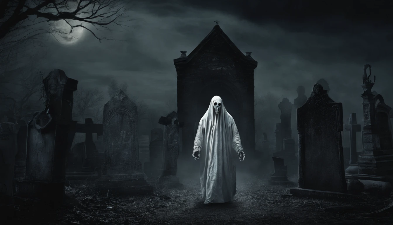 Paranormal caught on camera - A chilling image of a pocong, an Indonesian ghost, haunting a cemetery at night. Detailed, cinematic lighting with a mysterious atmosphere. Digital painting by renowned artists with expertise in paranormal themes. High resolution for maximum impact.