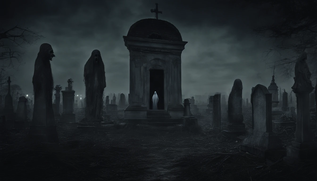 Paranormal caught on camera - A chilling image of a pocong, an Indonesian ghost, haunting a cemetery at night. Detailed, cinematic lighting with a mysterious atmosphere. Digital painting by renowned artists with expertise in paranormal themes. High resolution for maximum impact.