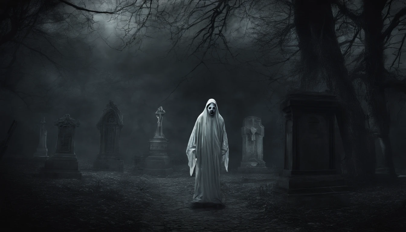 Paranormal caught on camera - A chilling image of a pocong, an Indonesian ghost, haunting a cemetery at night. Detailed, cinematic lighting with a mysterious atmosphere. Digital painting by renowned artists with expertise in paranormal themes. High resolution for maximum impact.