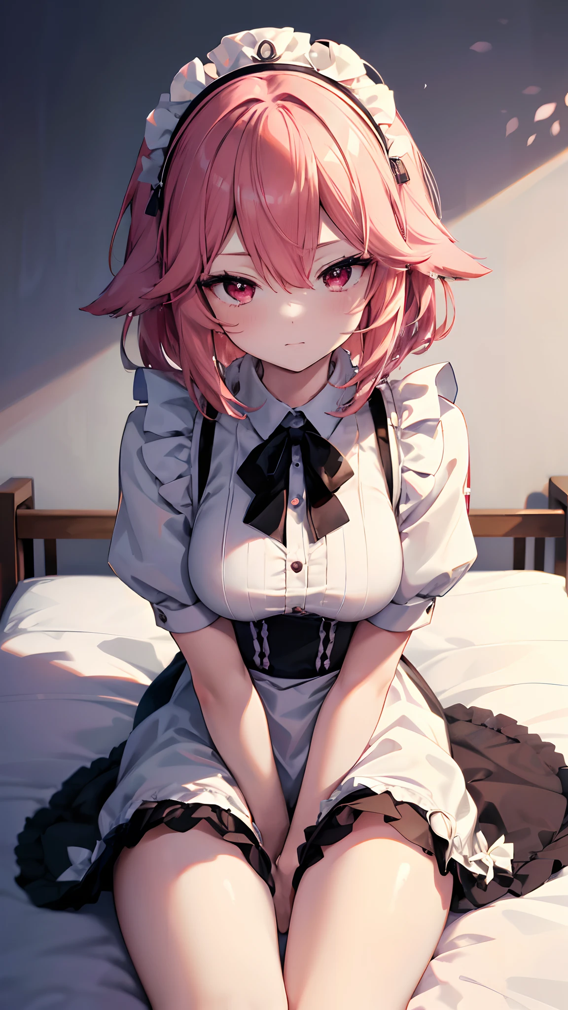 ((masutepiece+Best Quality+High resolution+Illustration 1.3+Ultra-8k)), 1girl in, ((Detailed body)) ((alluring face)) ((long snout)) ((Long facial structure)) (Sharp eyes) ((Red Eyes)) ,Soft skin, Indoor, laying on the bed, Looking at Viewer, maid girl, Detailed body, Short red hair, Detailed eyes, ((detailed shadow)), Lighting, Detailed, Focus, Hand Detail Night Light,Beautiful and perfect legs, Clean and perfect hands (hands between legs), maid uniform