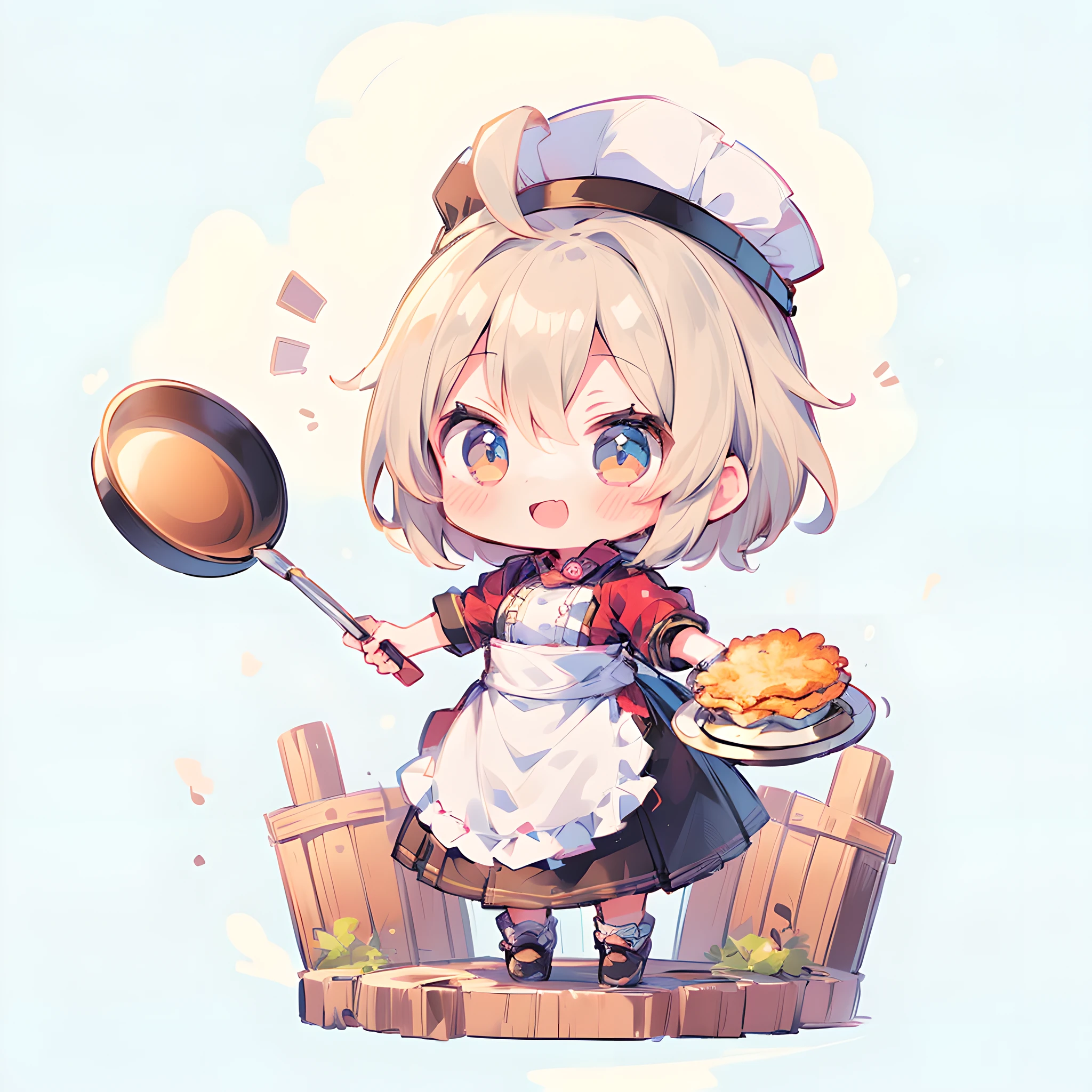 masutepiece, Best Quality, Extremely detailed, (((girl with))), (((Solo))), Happy, Full body, Ahoge, (Adventurer Costume 1:1), (Chef Costumes:1.1), CHFEF has, (Holding a frying pan:1.3), stylish pose, (((Chibi Character))), (((Deformed))) (Fantasy World Guild Background:1.2)