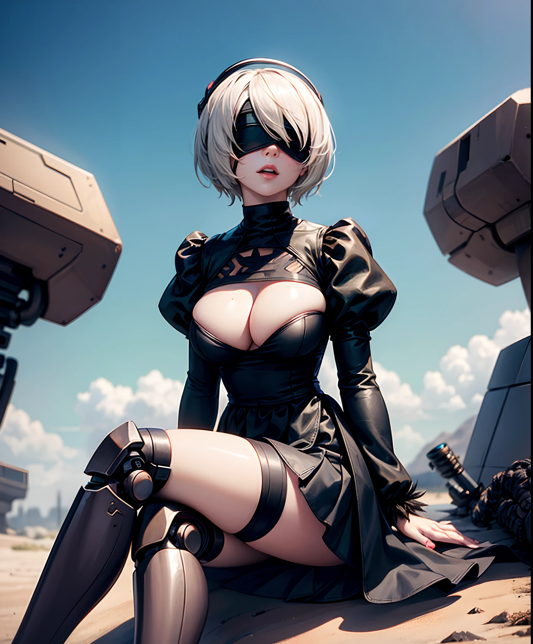 masterpiece, 1girl, 2B ((sitting on a robot)), big Boobs, Black Dress, black skirt, (visor:1.4), cleavage, Desert Background, yorha no. 2 type b