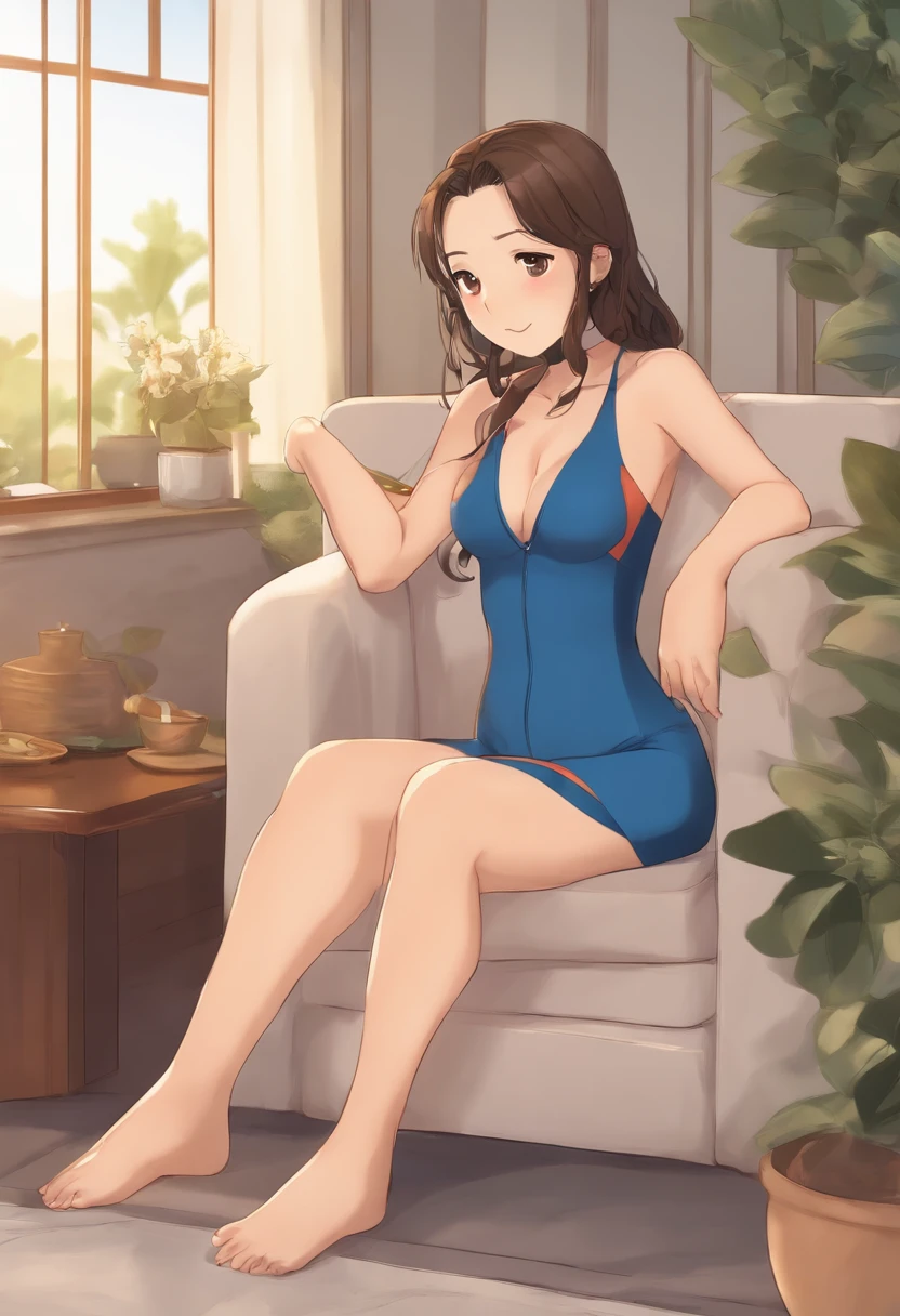 bell, Anime, Brown hair, big breasts, Blue swimsuit,Sitting, Cross-legged, Inside the smart home, Sitting on the couch, Mao Asada's face