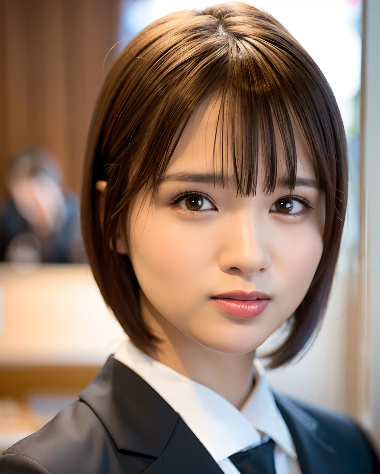 best quality, photorealistic, 8k, high res, 1girl, woman, (skindentation), (professional lighting), ((close buttoned office shirt)), (portrait:0.6), gorgeous, (short hair:1.7), (1girl eyes looking at viewer:1), ((looking at viewer:1.6)), (1girl looking at the camera), photorealistic, (bokeh), (portait:0.6), (dynamic pose:1.2), masterpiece, intricate, realistic, sharp focus, award-winning photograph, (Smile:1),