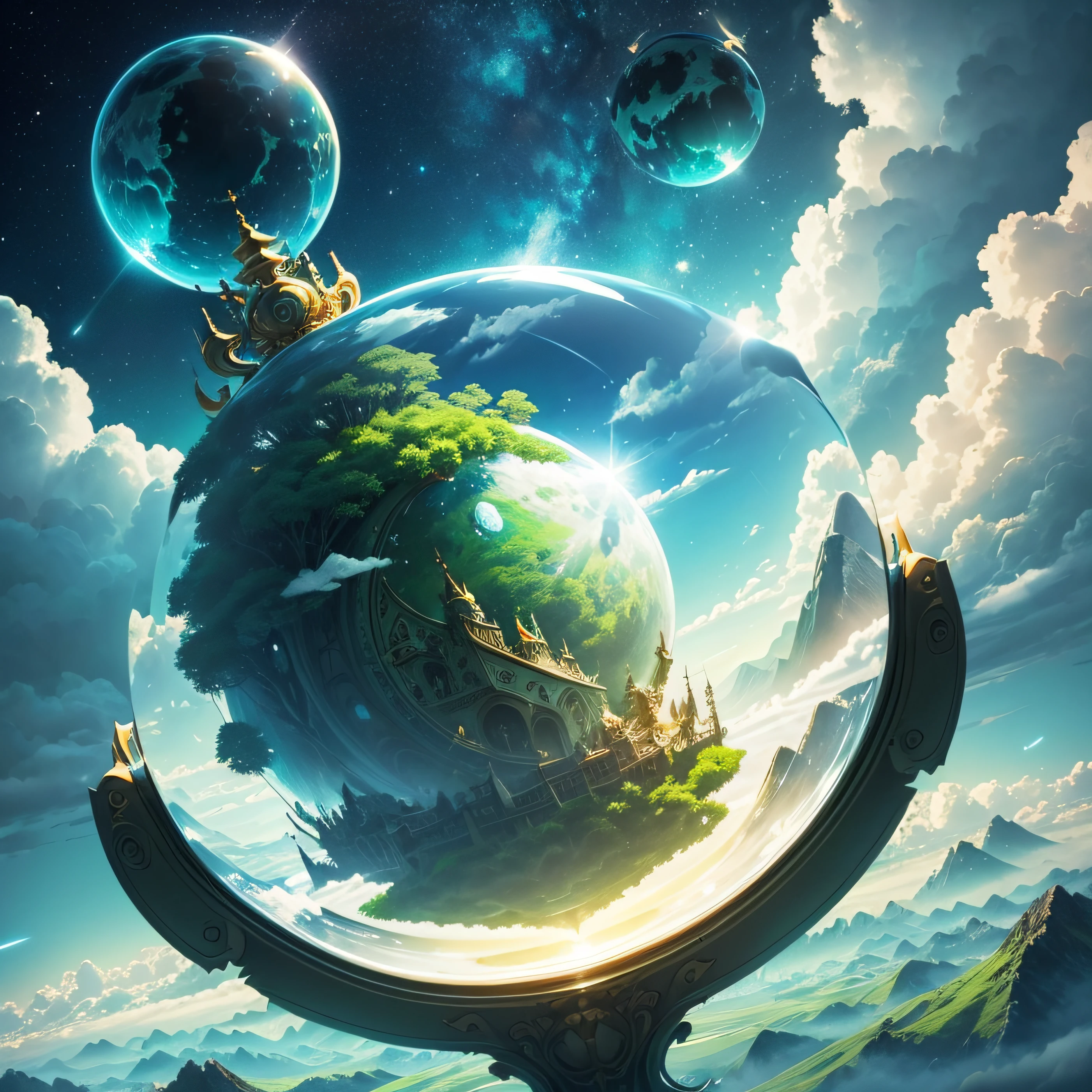 A giant mirror sphere Garuda floating in space., Flickering light, The sad hamster is gone. (A paradise like a green field, surrounded by high mountains and clouds.:1.3), Airborne particles, Ray God, Stars in the background, Complex fractions, detaild, (illustration),