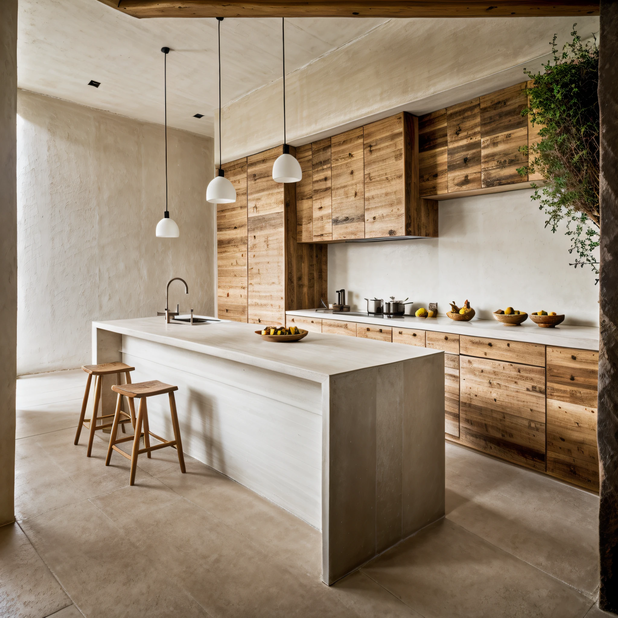 wabi-sabi kitchen interior, rough-hewn material, exposured wood, stucco wall, tiled floor, refrigerator, cozy lighting