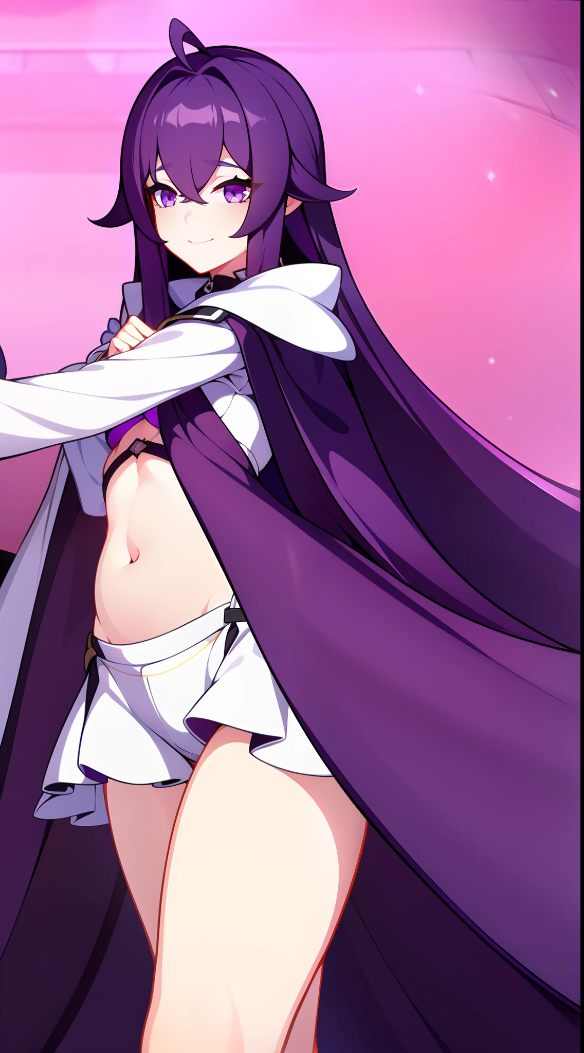 young girl, long purple hair, white tight top, cape, Shorts, open belly, ssmile, Masterpiece, hiquality, 4k, HD, Good detail