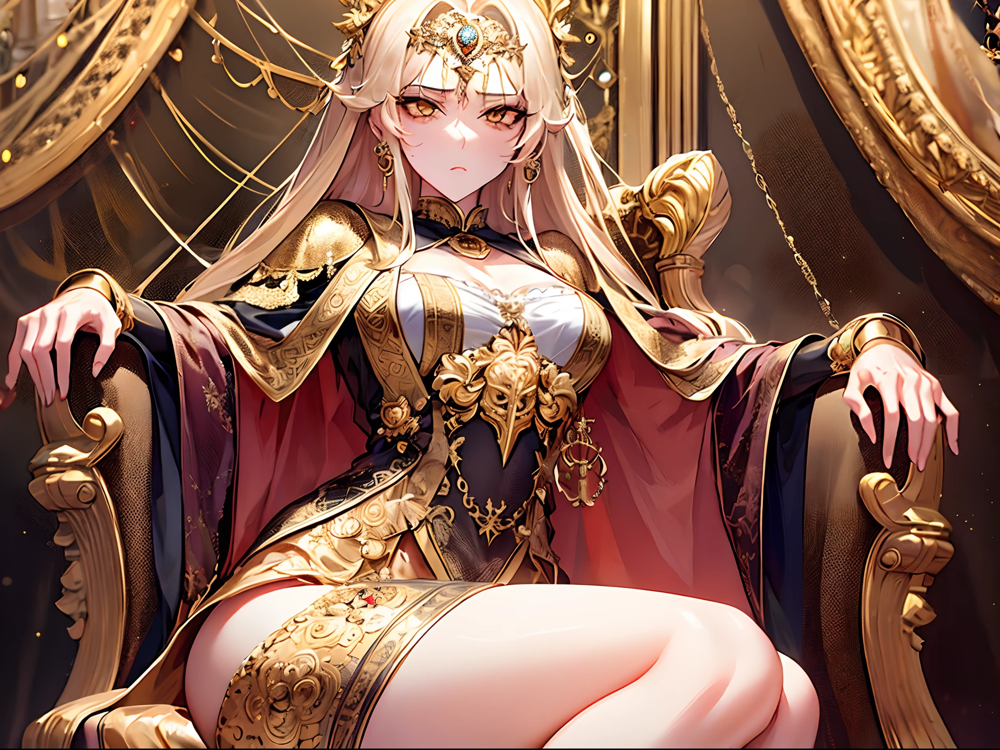 (masterpiece, best quality, extremely detailed:1.3) BREAK 1girl, Mythology Emperor, Mythology Armor, knight armor, wide hips, serious, shaded face, bare legs, thick thigh, gold throne, luxury palace, gold theme, (shoujo-style), (romance manhwa), Kuroume_1024