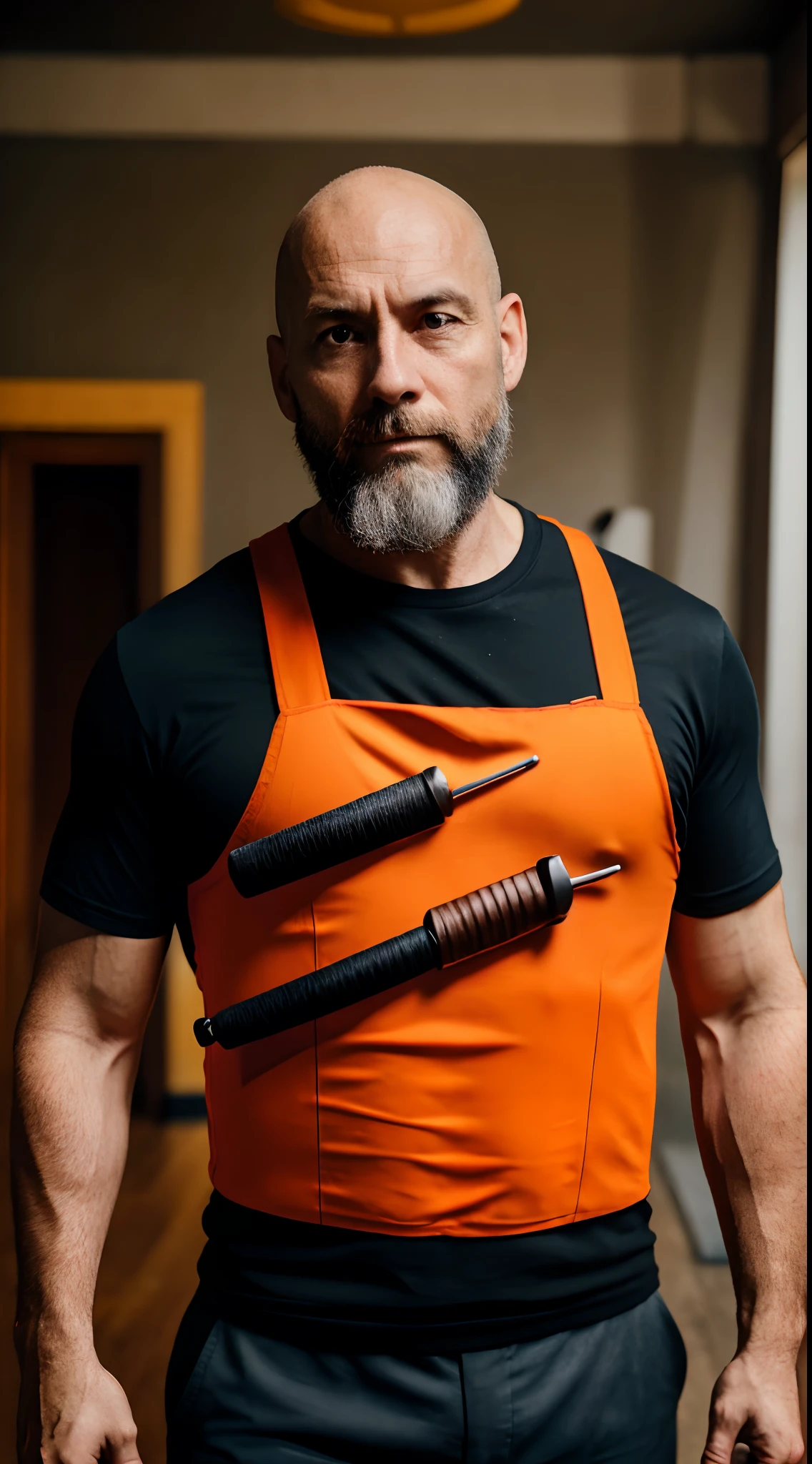 bald man, 50 years old, beard, he wears an orange vest over a black t-shirt, he carries a weapon in his hands