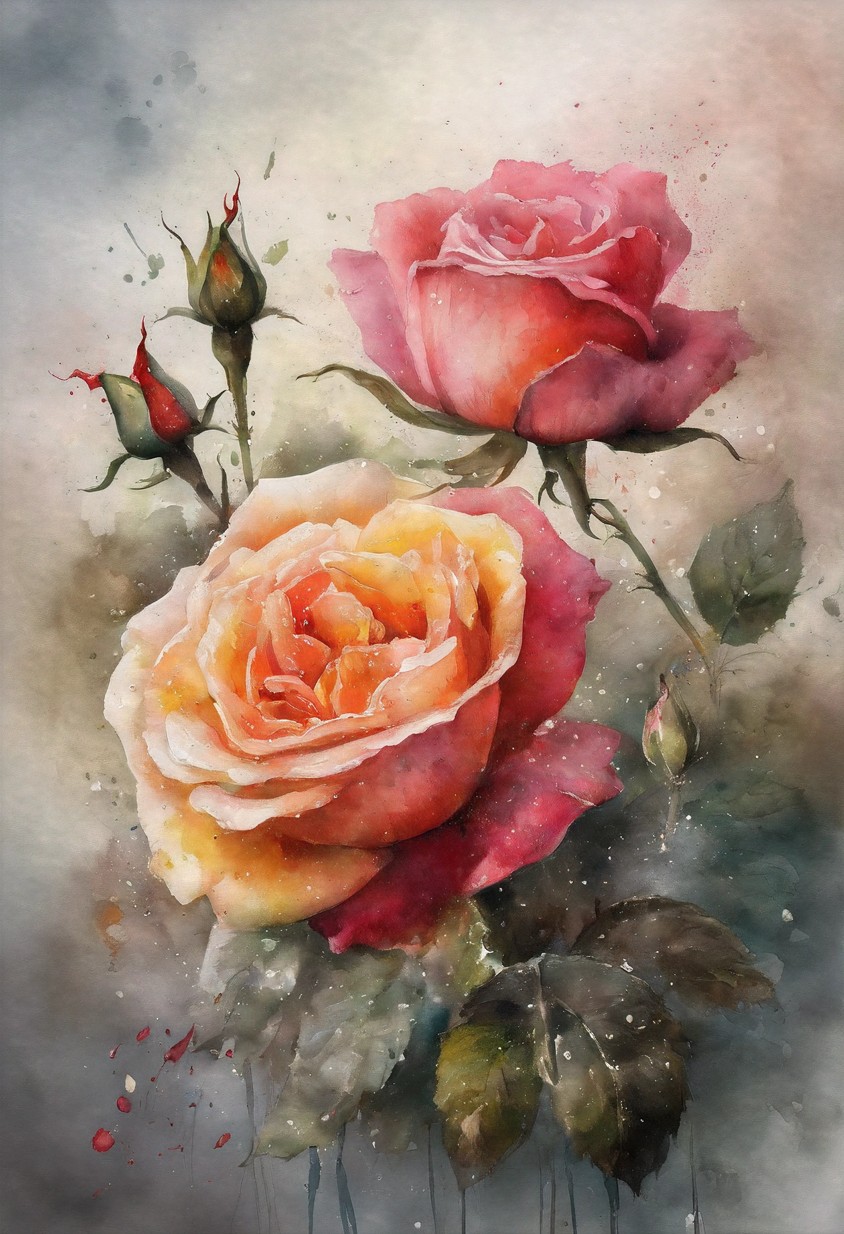 a rose painting with a splatter background and spray paint effect, by Eugeniusz Zak, watercolor art, by Károly Lotz, watercolor painting, watercolor painting style, watercolor detailed art, by Reuben Tam, watercolor digital painting, watercolor , masterfully detailed watercolor, watercolor art, Grzegorz Rutkowski