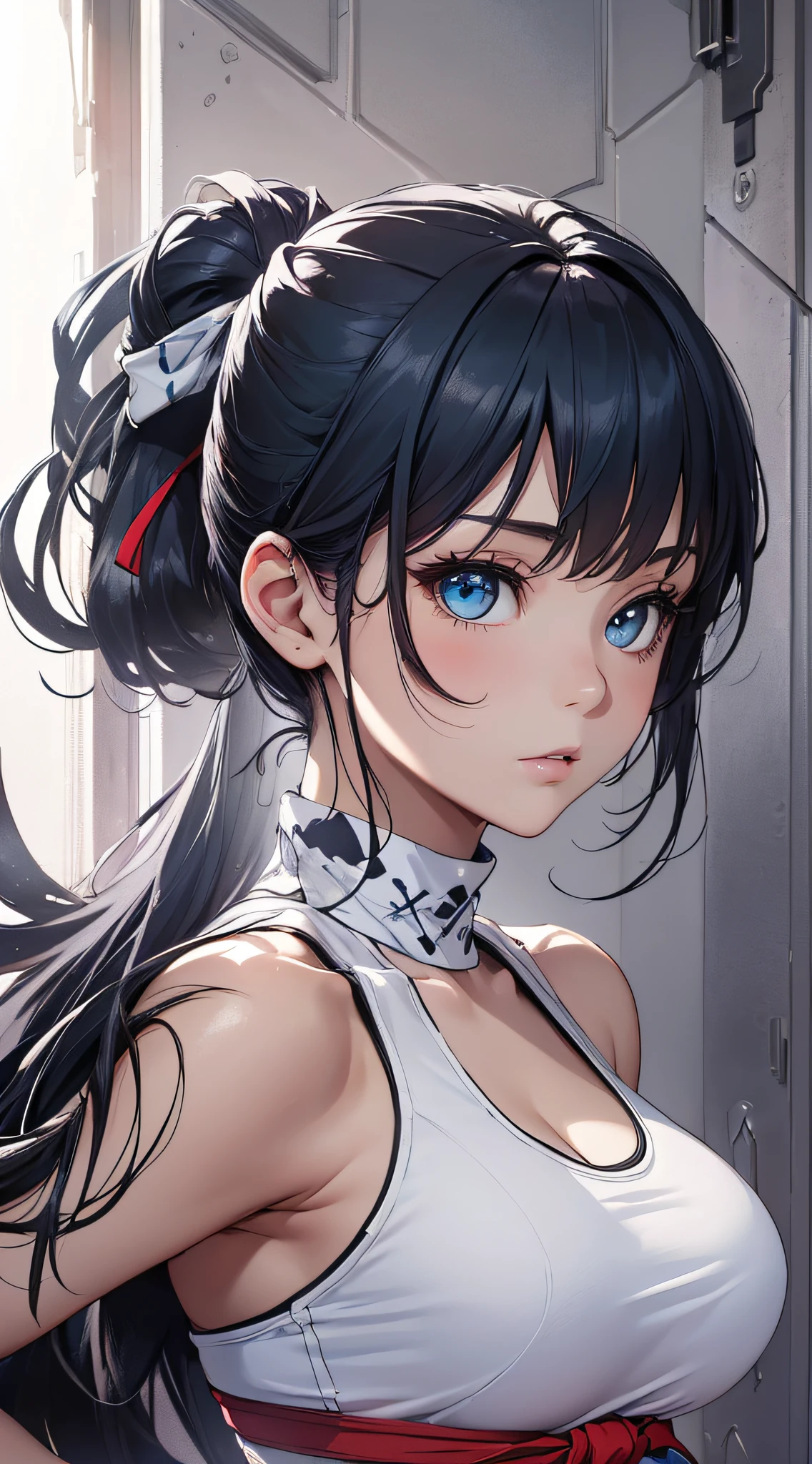 top-quality、Top image quality、masterpiece、girl with((cute little、18year old、Best Bust、Medium bust、Bust 85,Beautiful blue eyes、Breasts wide open,Ponytail with black hair、A slender、Blue hair mesh、black bandana、Red Sports Bra、White Judogi、fighting poses))hiquality、Beautiful Art、Background with((Large White Room、White lighting)),masutepiece、Elaborate design、visualart、depth of fields、The best lighting、highestdetailed、8k