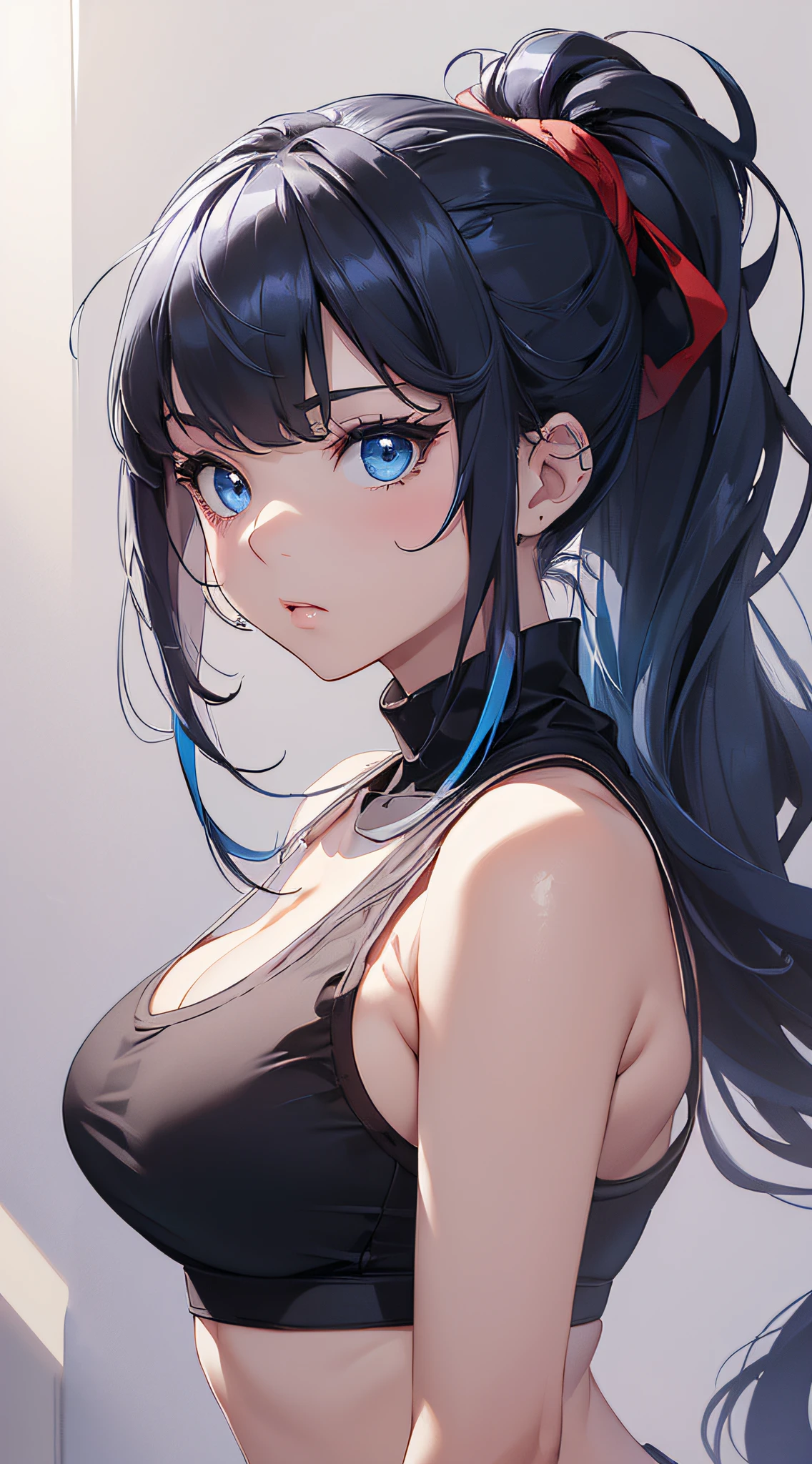 ,alone,Improve,((teasing)),eye shadow,lip,Glossy eyelashes,Blue Hair,Black Hair,, Detailed decoration, oh,Half an eye,Embroidered, Plaid, Pencil Long Skirt, Fur jacket, Tank top,ribbon, Off the shoulder, ((expose forehead)), Long Hair, Curly Hair,From an angle, From the side,Dynamic Angle, throw,((From above)) ,(Hand Focus),(((pastel colour))), Wide-angle,date, Walking around the city, bag,