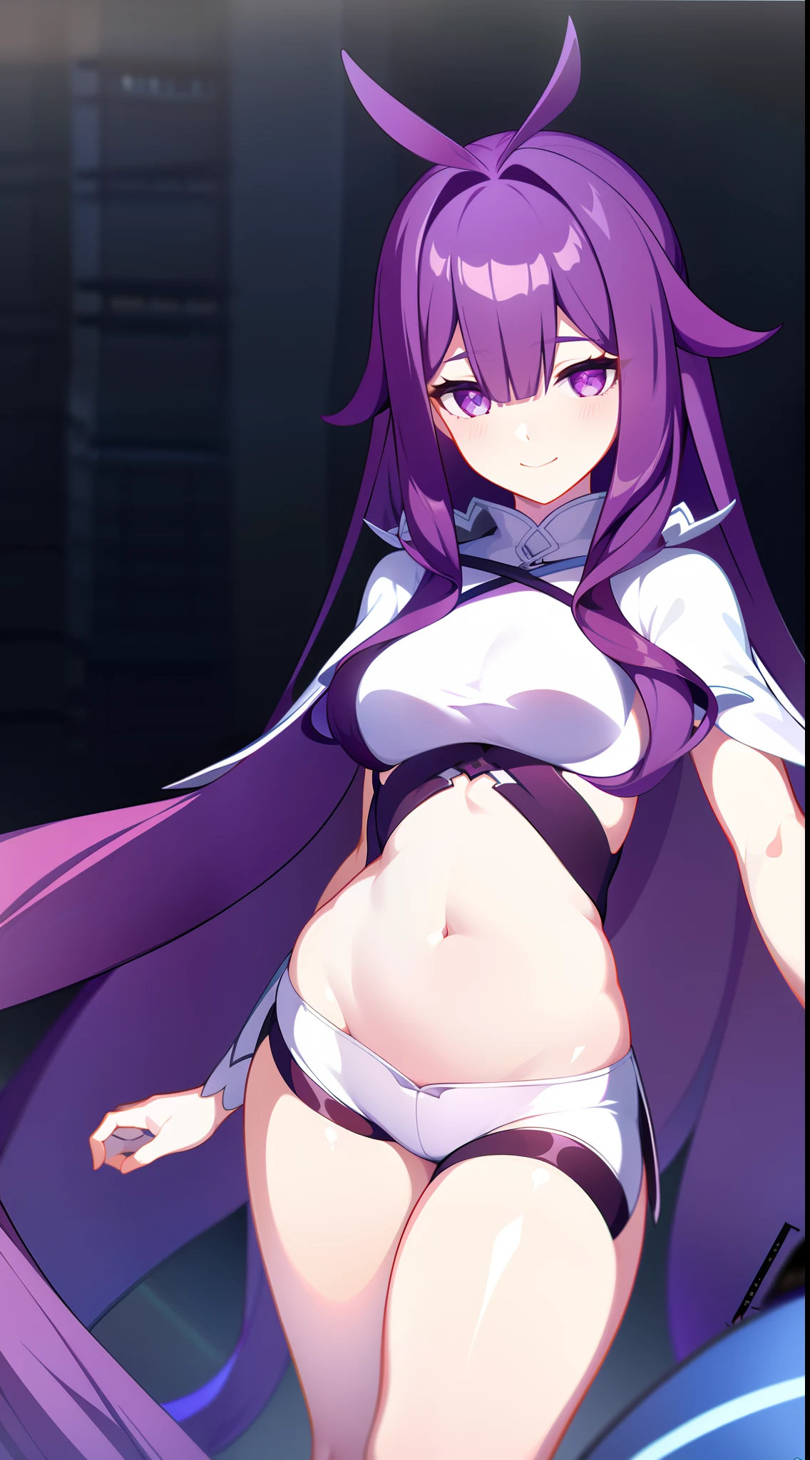 young girl, long purple hair, white tight top, cape, Shorts, open belly, ssmile, Masterpiece, hiquality, 4k, HD, Good detail