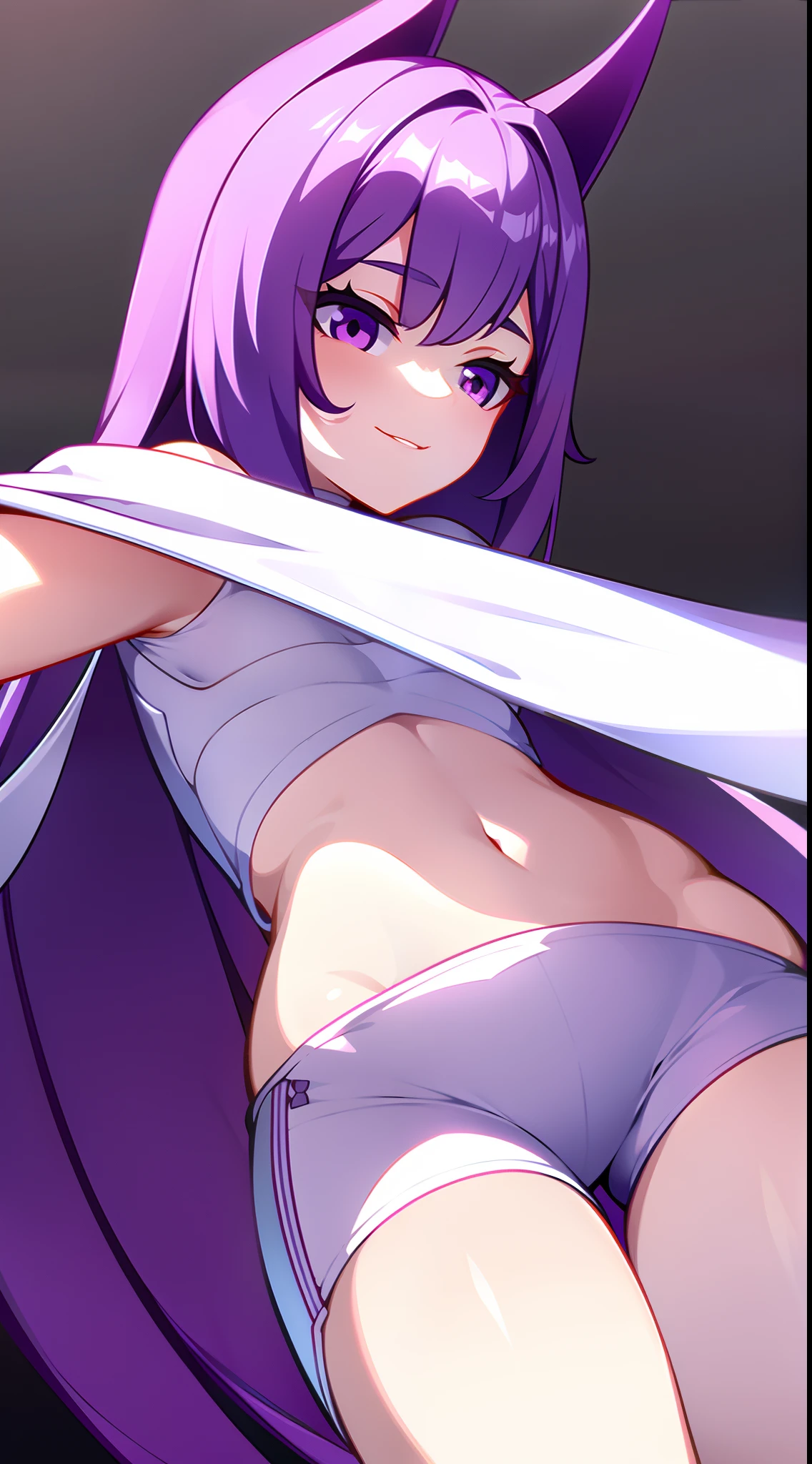 young girl, long purple hair, white tight top, cape, Shorts, open belly, ssmile, Masterpiece, hiquality, 4k, HD, Good detail