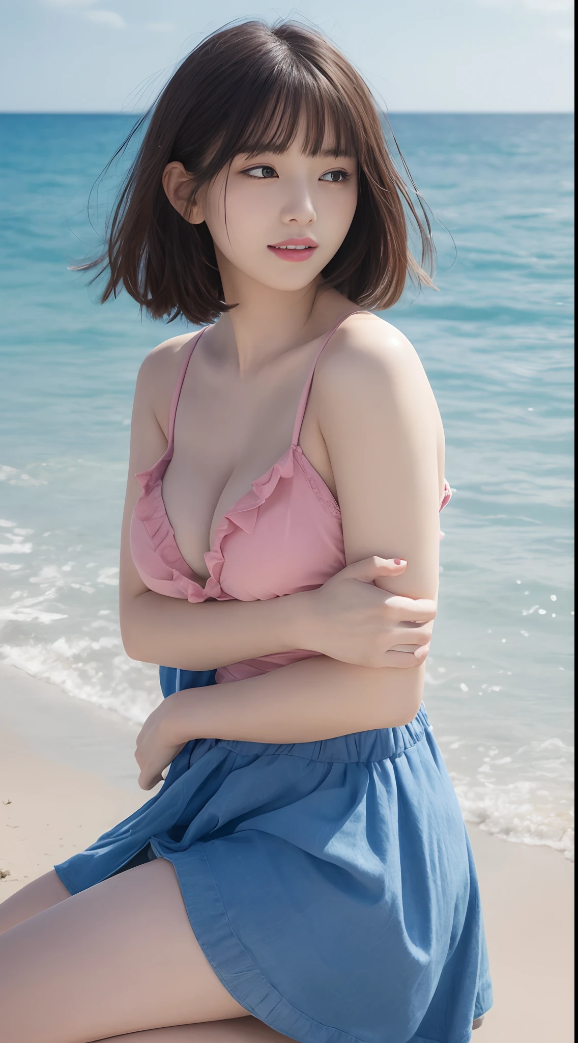 masutepiece、Best Quality、 ultra-detailliert、hight resolution、8K Wallpapers、Perfect dynamic composition,、Beautiful detailed eyes、(Beautiful Large Breasts:1.4)、-yeld bey、、top-quality、Mature girl、High schoir、Pattsun bangs、bob cuts、a small face、ssmile、Laugh、Colossal tits、Clothes that hide cleavage、Pink dress、pink skirt with ruffles on the chest,,,,,,,,,,,,,,,,,,,,,,,,,、large protruding breasts from the dress,,,,,,,,,,,,,,,,,,,,,,,,,,,,,,,,,、A slender、slender、big breasts thin waist、slender body with large breasts,,,,,,,,,,,,,,,,,,,,,,,,,,,,,,,,,,,,,,,,,,,,,,,,,,,,,,,,,,,,,,,,,,,,,,,,,,,,,,,,,,,,,,,,,,,,,,,,,,,,,,,,,,,、up chest、Thin eye makeup、sunlight from sky、sand beach、The Sea Behind、beautiful ocean、Cobalt Blue Sea、Calm sea、Transcendental tranquility、Hair fluttering in the wind、Super detailed illustration、Raw photography、film grains、Deviantart Trends、