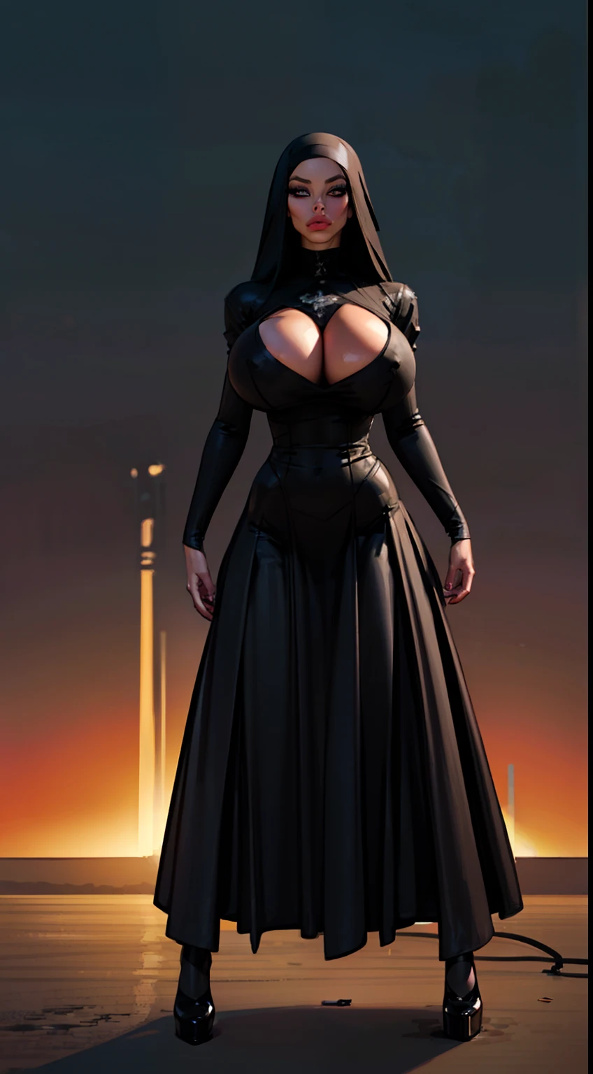 ((Character sheet:1.4)) ((full body view:1.5))1 Same Girl , Perfect Beautiful , robot Face , ((android woman)),( metallic android , long Hair , Black Gothic Nun Dress , Athletic Body , ((gigantic breasts:1.2)) Extreme Detailed Portrait With Bokeh Effect , Realistic Lighting , Night Street View , Dark Vibe , Crowd , Gothic Makeup , Gothic Tattoo , Posing Like a Model , Look at Viewer, cool lighting, blue street lamp light ((sunset ambiance light:1.0))