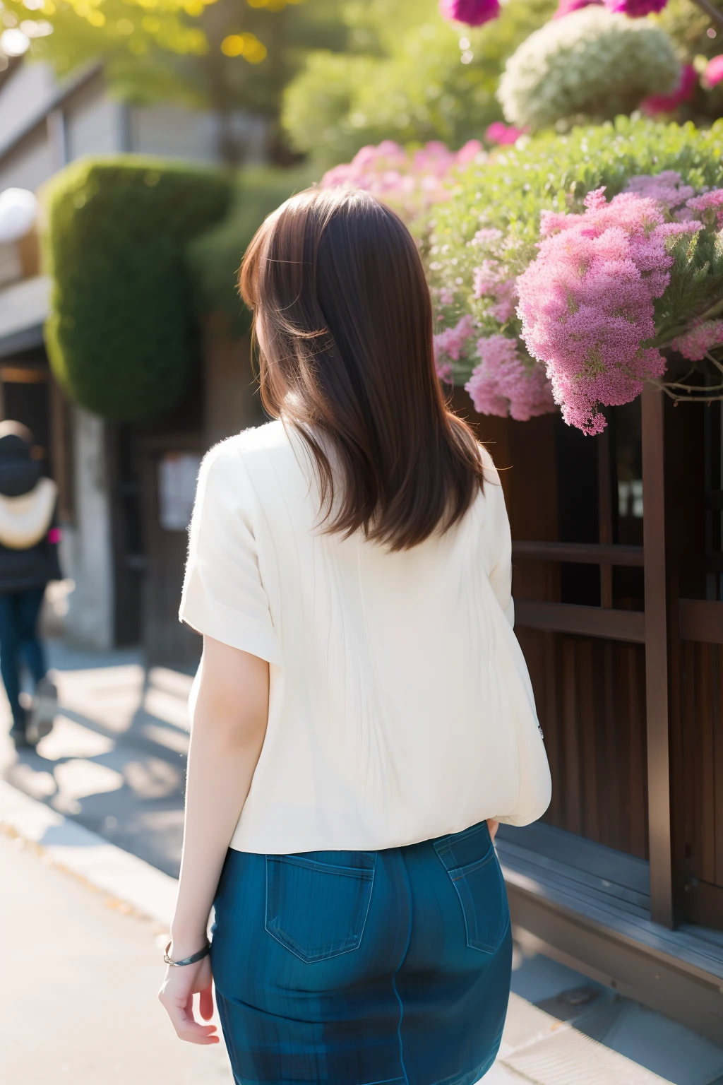 iPhone 15 pro photo, cool fashionable japanese woman, she's longhair, Directly behind , full body , back view photo
  ,emotional photo, single focal length lens, , Japanese photography style,beautiful shining straighthair,