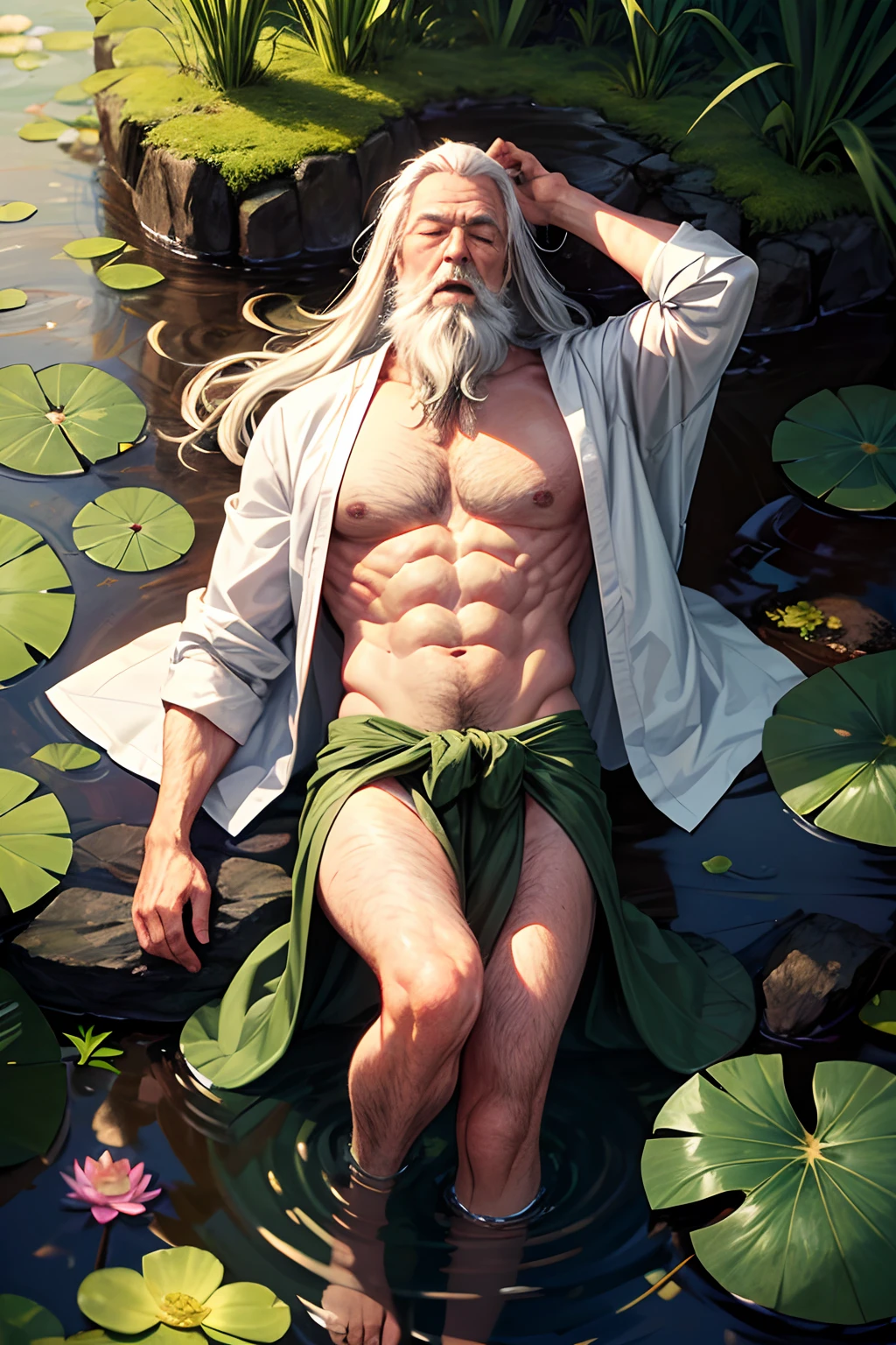 old-aged man, wrinkles,long White hair,Long white beard,..dressed in a loose moss green robe  his shirt was open to reveal his stomach older hairy weak and chest, arms legs neck hands feet skinny old and weak,Lying in the water,water lily,lotus leaf,Closed eyes,master-piece,4K images,beste-Qualit