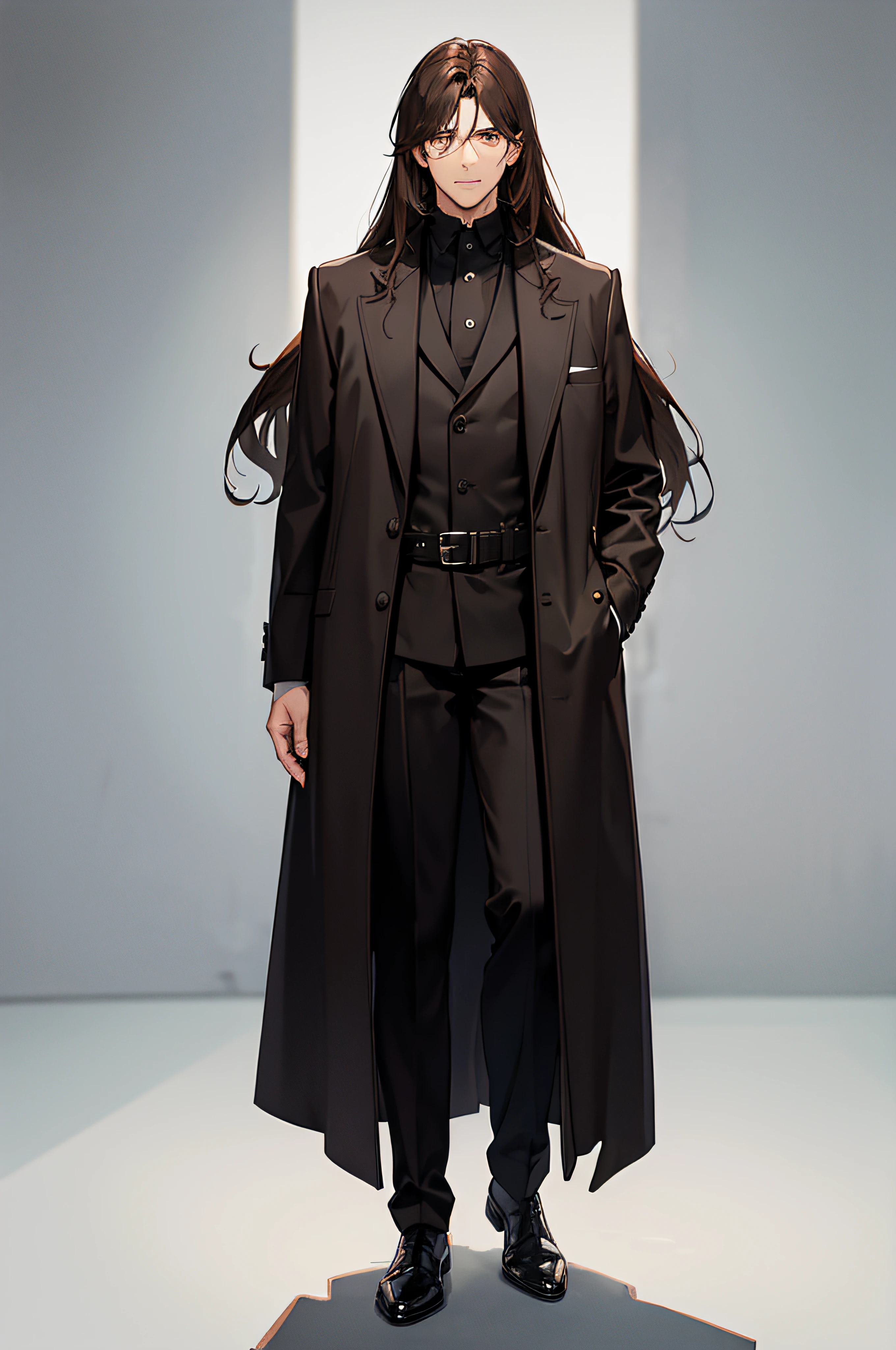 Man with short stubble on his face, long brown hair, in a black coat, Full-length