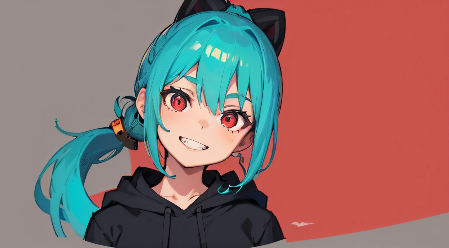 Close-up portrait of (Solo 1 Girl), ((Grey ponytail with turquoise accents)), big grin, Sideways gaze, Masterpiece, Red Eyes, (Simple general background), (Aviation jumper on a gray hoodie, Black pants), head tilt, Vivid colors, Very long sleeves