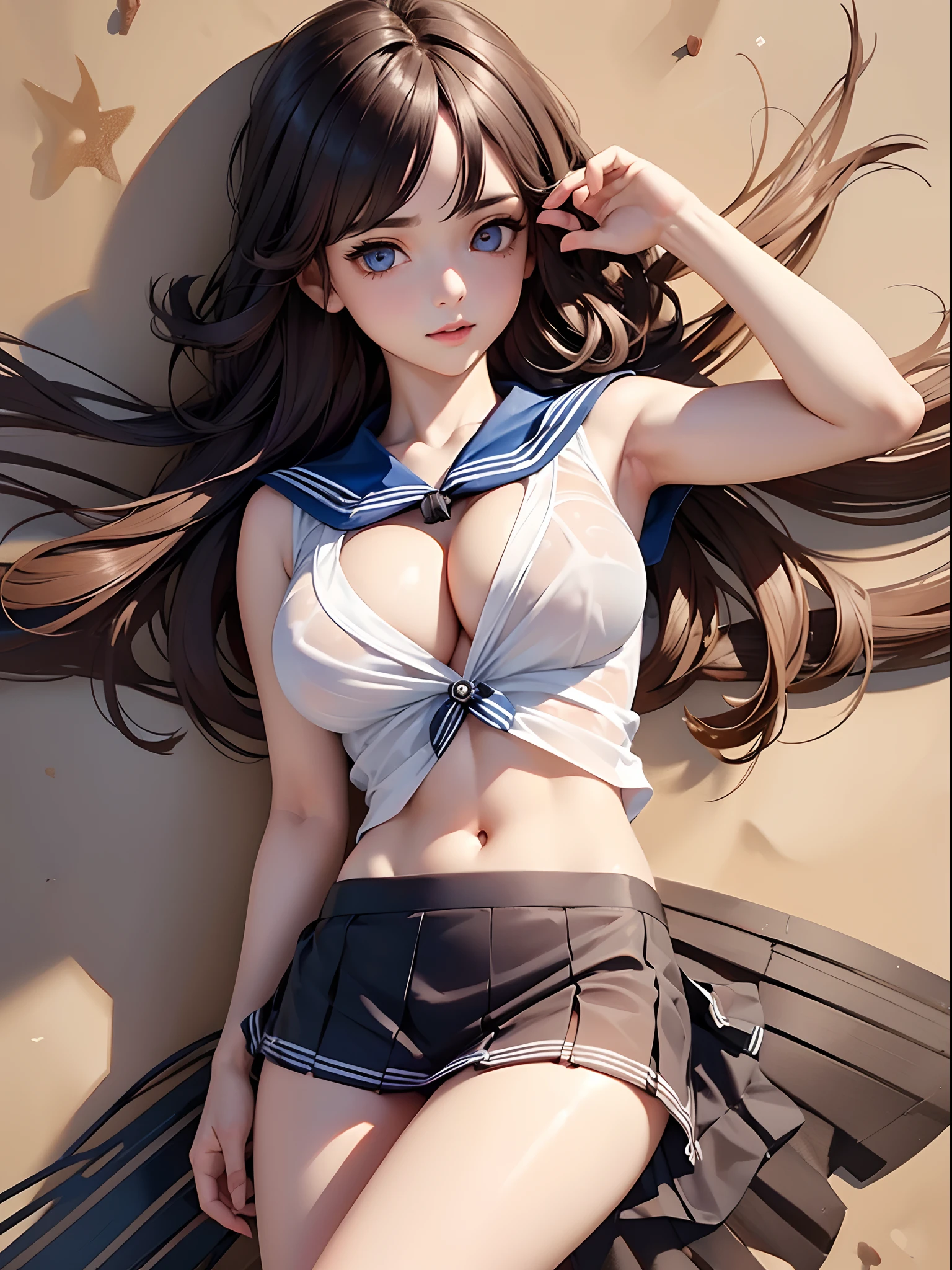 (((toppless))), (((Show off ))), (((Showing off the legs of the spread tread))), (((large full breasts))), (((show off cleavage))), extremely detailed CG unified 8k wallpaper, very fine 8KCG wallpaper, (​masterpiece, Best Quality), High resolution, Ultra-detailed, ultra-sharp, 1 girl, full ,Naked, in beach,  ((( Light sailor shirt, Sleeveless, Open front))), (((Navel ))),  (((Sheer Micro Mini Skirt))),  (Beautiful face, Cute face, Detailed face),  (((Detailed beautiful eyes))), BREAK, (((Sunny))), Perfect Eyes Eyes